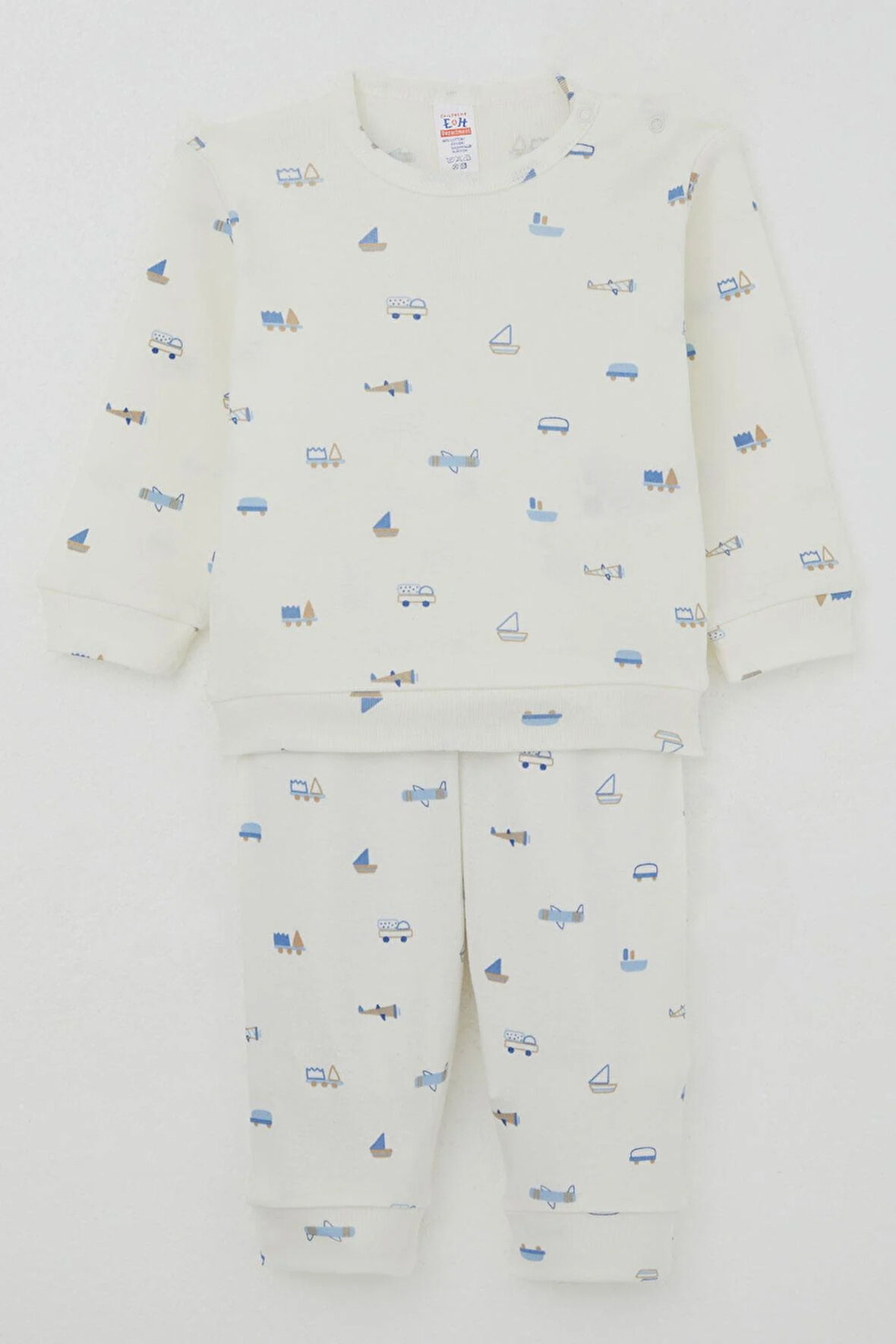 Breeze Erkek Bebek Pijama Takımı Omuzdan Patlı Mini Taşıtlar Dünyası 4 Ay-1 Yaş, Ekru