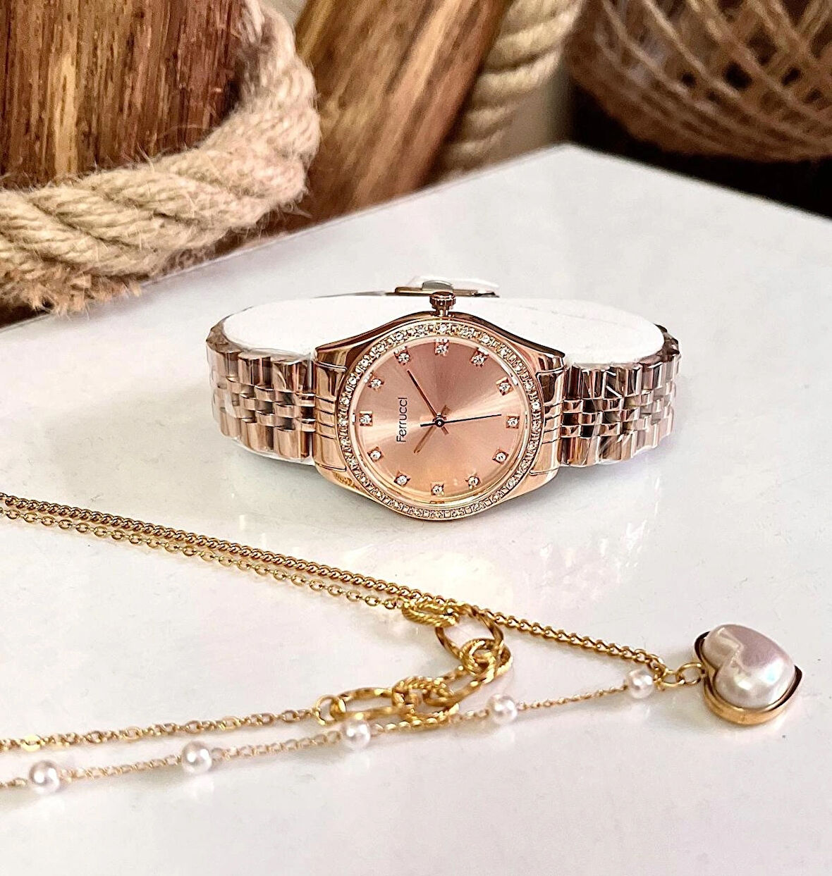 Ferrucci Rose Jübile Kordon Çelik Kadın Kol Saat+%100 Çelik Kolye Hediye