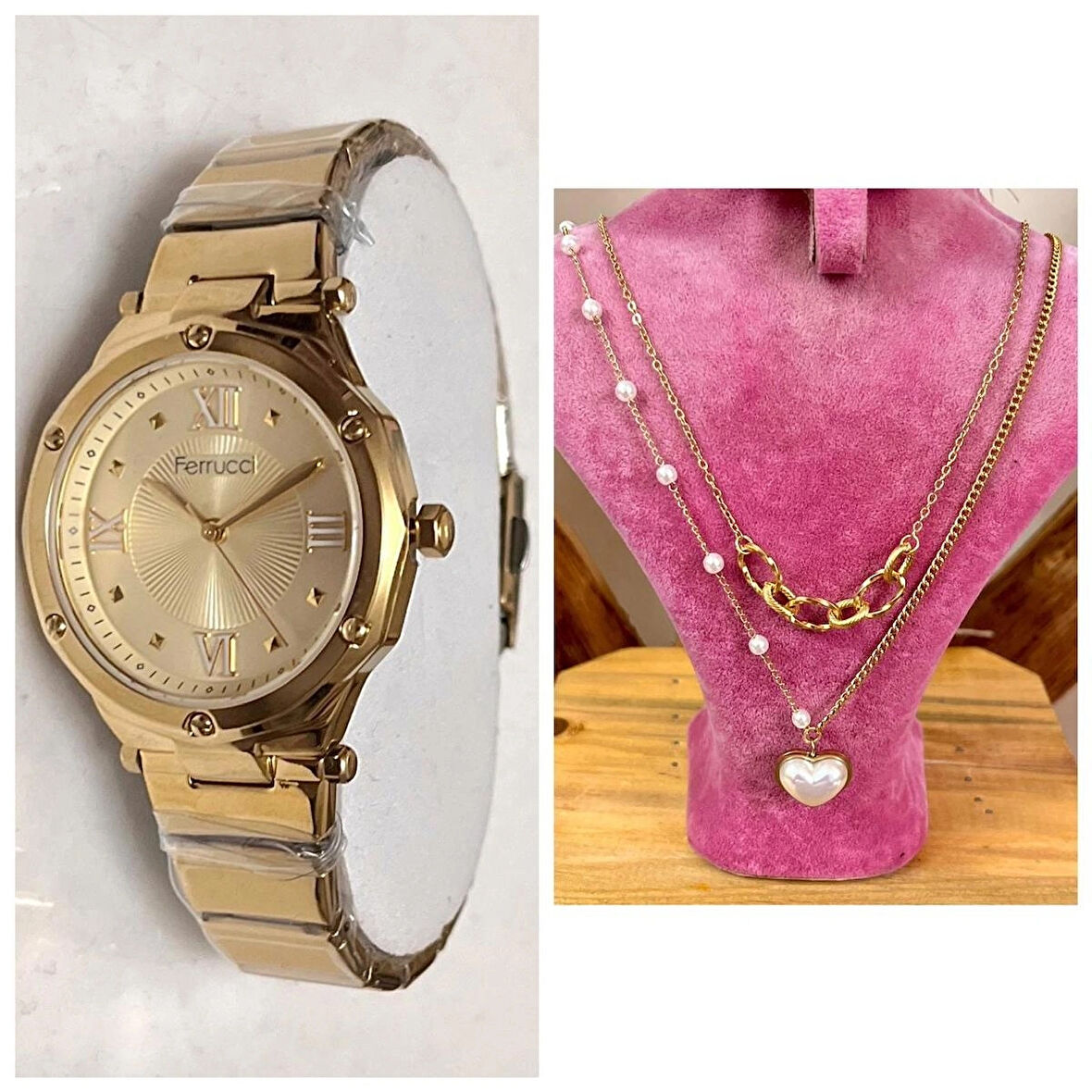 Ferrucci Gold Spor Şık Çelik Kadın Kol Saat+%100 Çelik Kolye Hediye