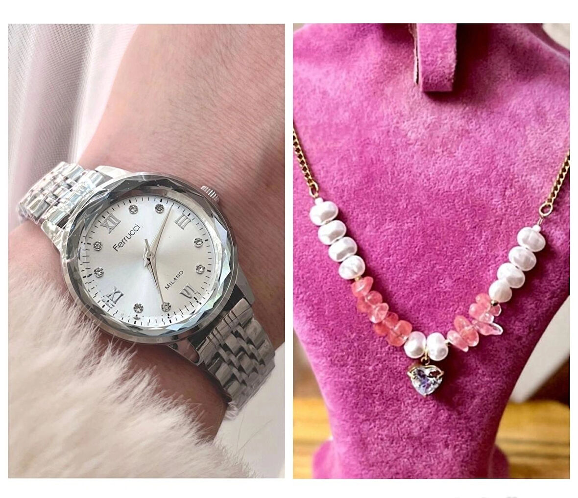 Ferrucci Kristal Efektli Taşlı Kadran Kadın Kol Saat+Çelik Kolye Hediye
