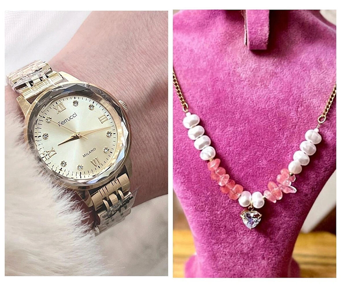 Ferrucci Kristal Efektli Taşlı Kadran Kadın Kol Saat+Çelik Kolye Hediye