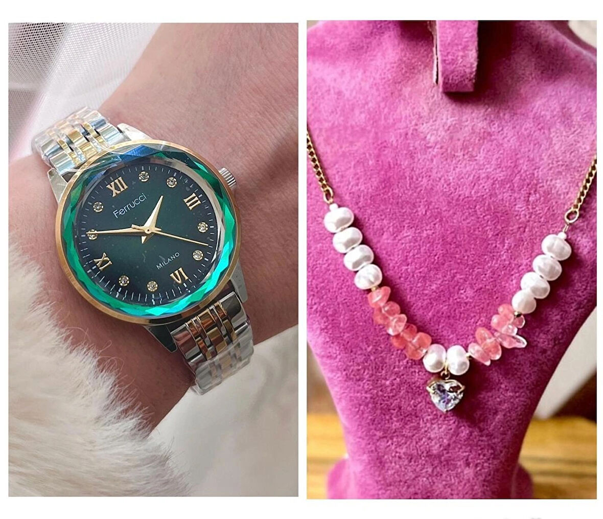 Ferrucci Kristal Efektli Taşlı Kadran Kadın Kol Saat+Çelik Kolye Hediye