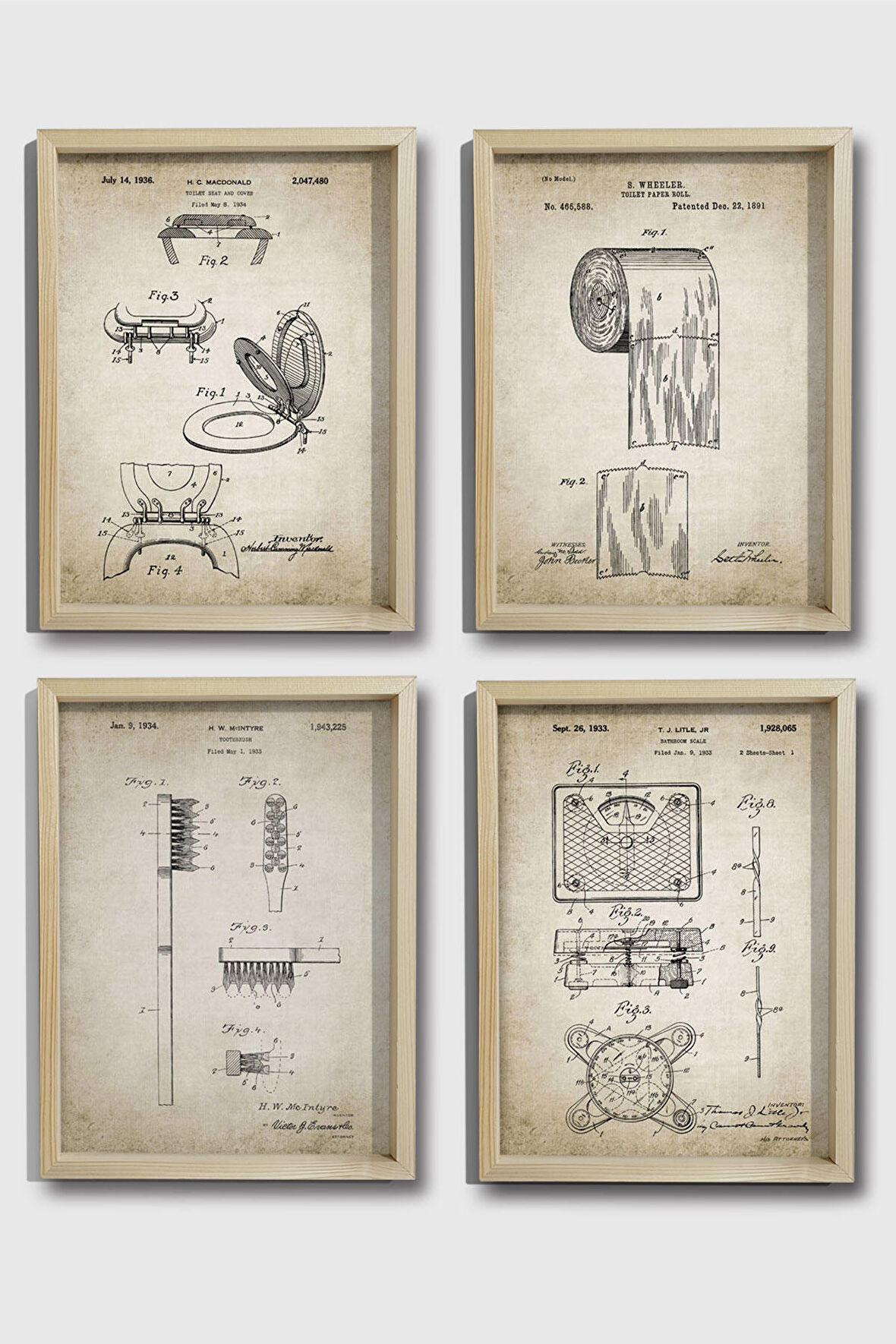 Dekor Loft Doğal Çam Çerçeveli Duvar Tablosu Antik Tuvalet Ekipmanları Patenti 1891