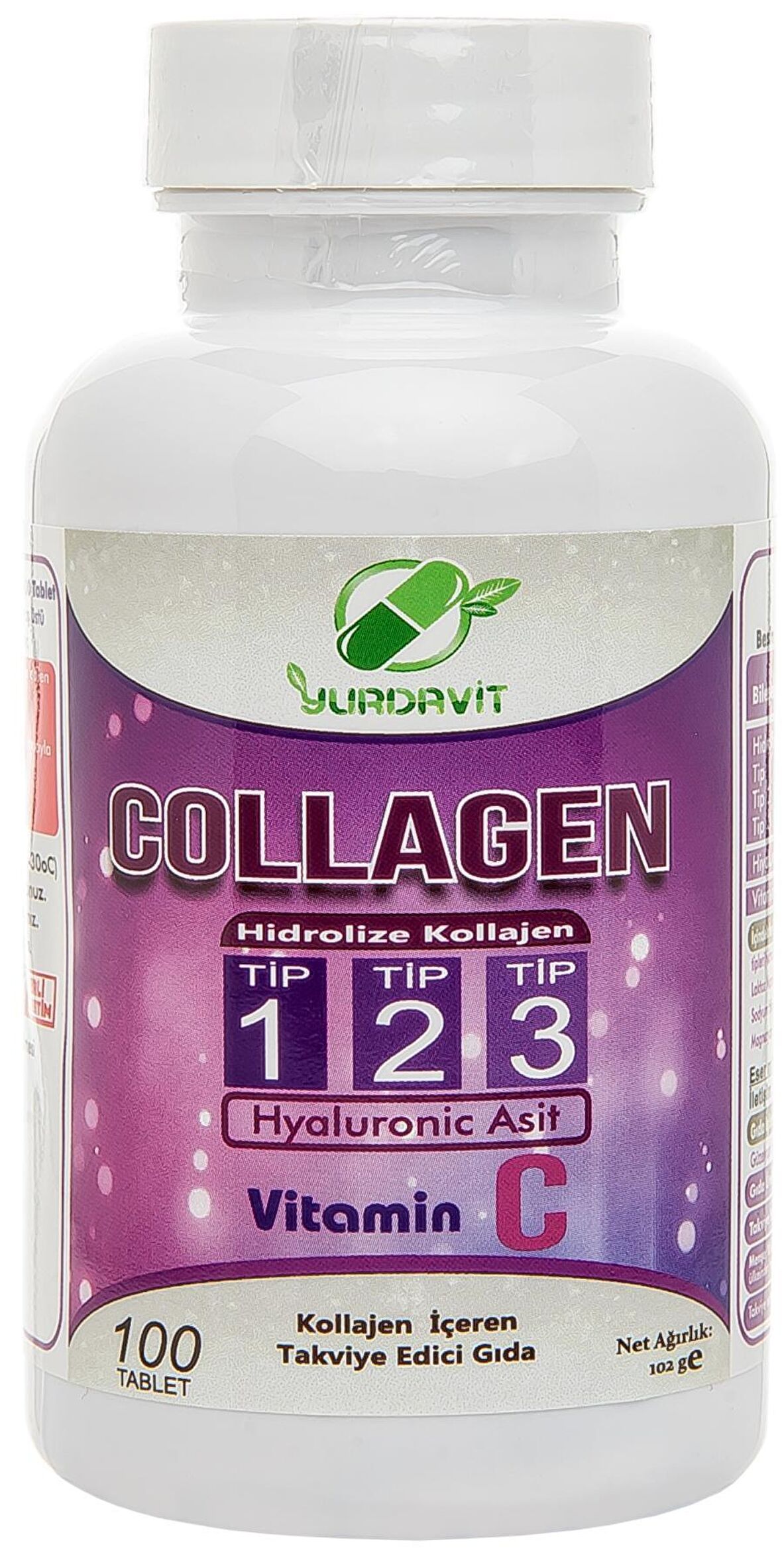 Yurdavit Hidrolize Collagen Type 1-2-3 Vitamin C Kolajen Tip 1-2-3 100 Tablet