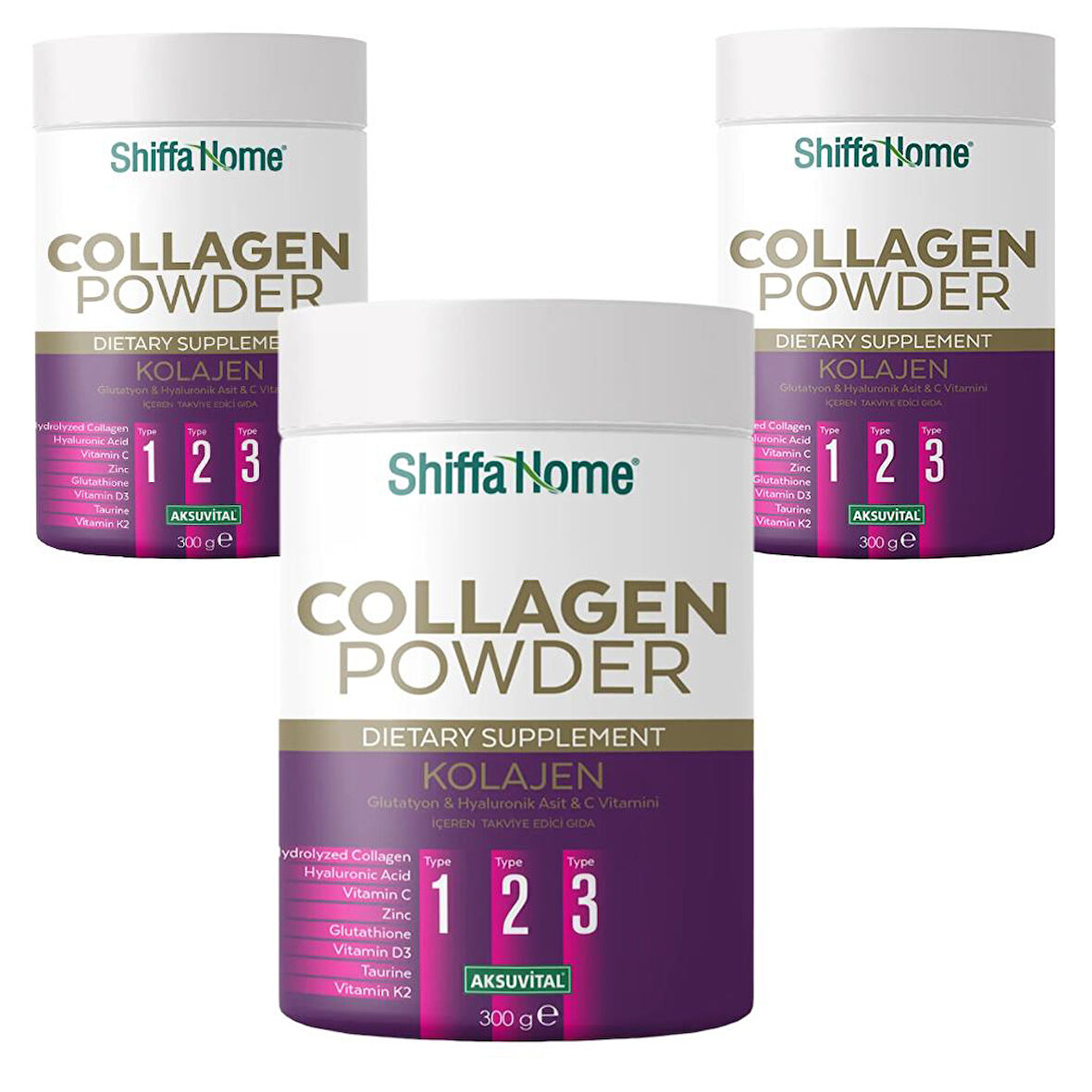 Collagen Powder, Kolajen, Glutatyon & Hyaluronik Asit & C Vitamini İçeren Takviye Edici Gıda (3 Adet)