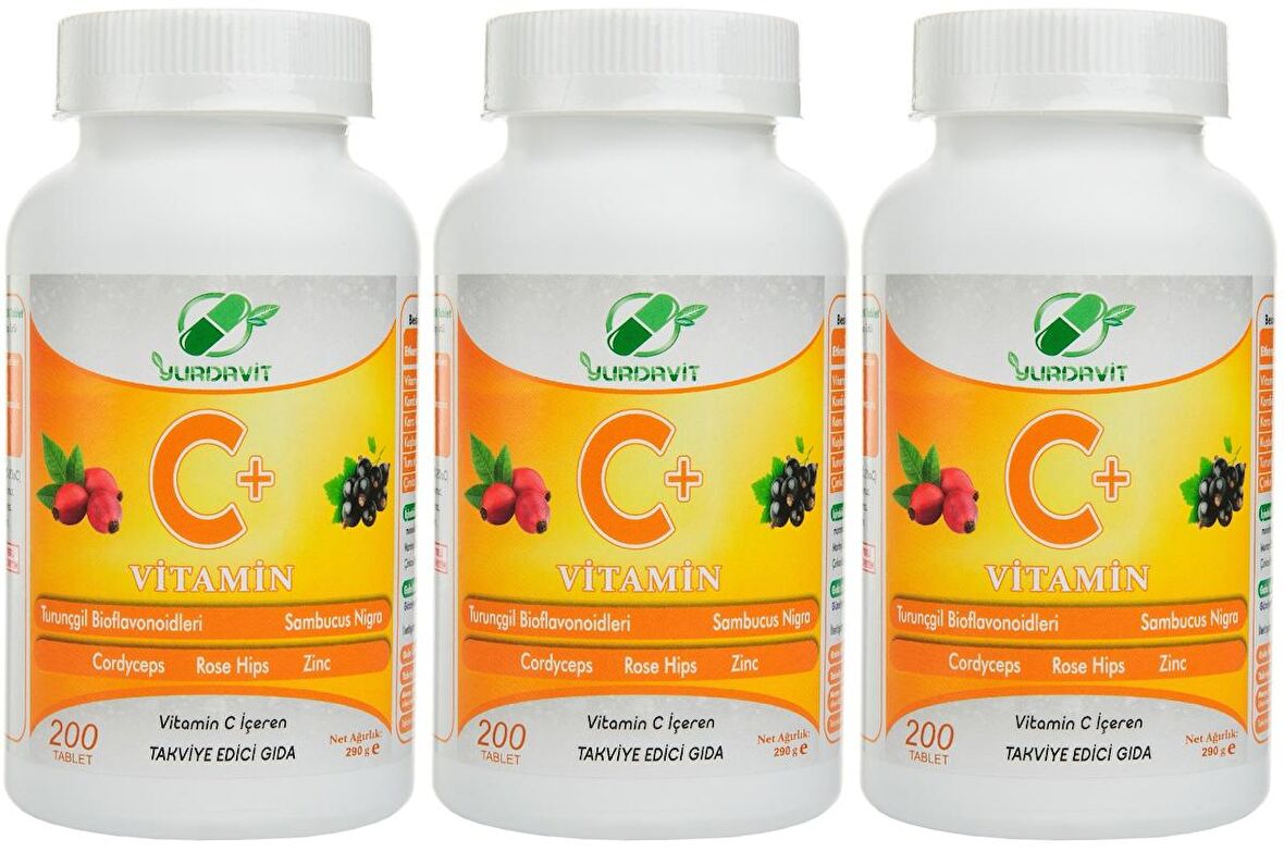 Yurdavit Vitamin C 3x200 Tablet Cordiceps Black Elderberry Citrus Bioflavonoids Zinc Sambucus Nigra