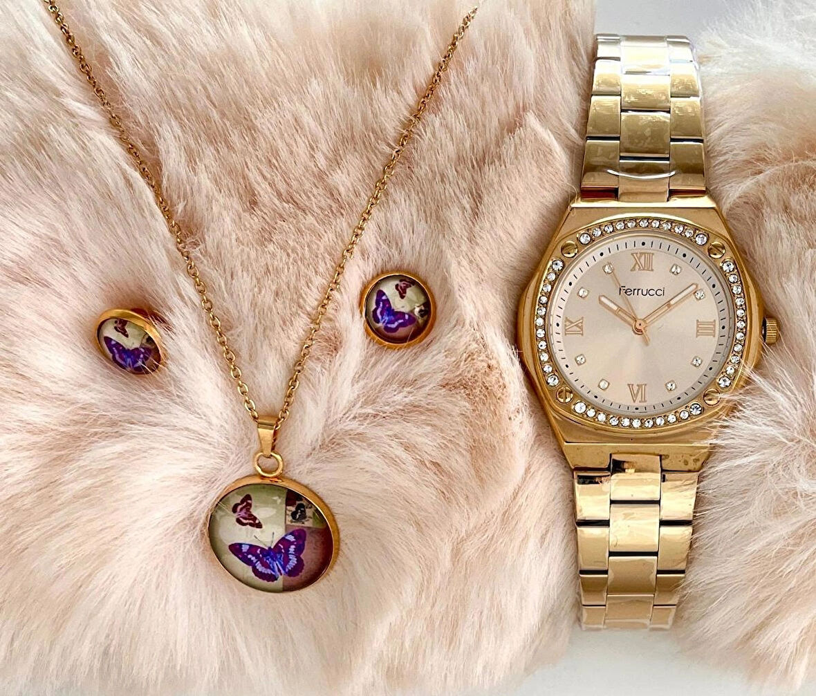 Kare Kadran Çelik Zirkon Taşlı Kadın Kol Saati+%100 Çelik Kolye Küpe Hediyeli