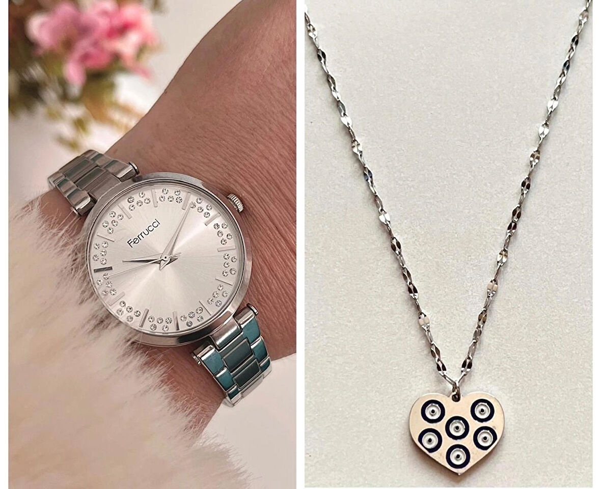 Ferrucci Silver Renk Çelik Kordon Şık Kadın Kol Saati+Çelik Kolye Hediyeli