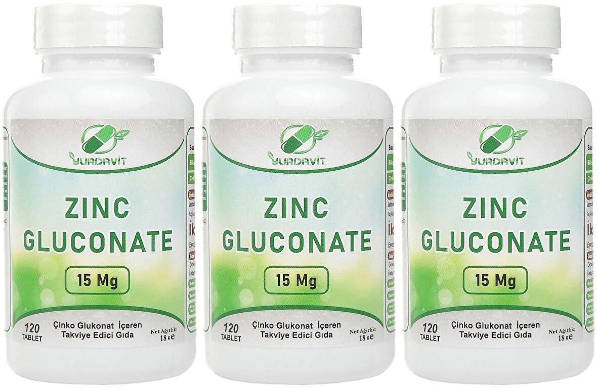 Yurdavit Çinko Glukonat 15 Mg Zinc Gluconate 3x120 Tablet 