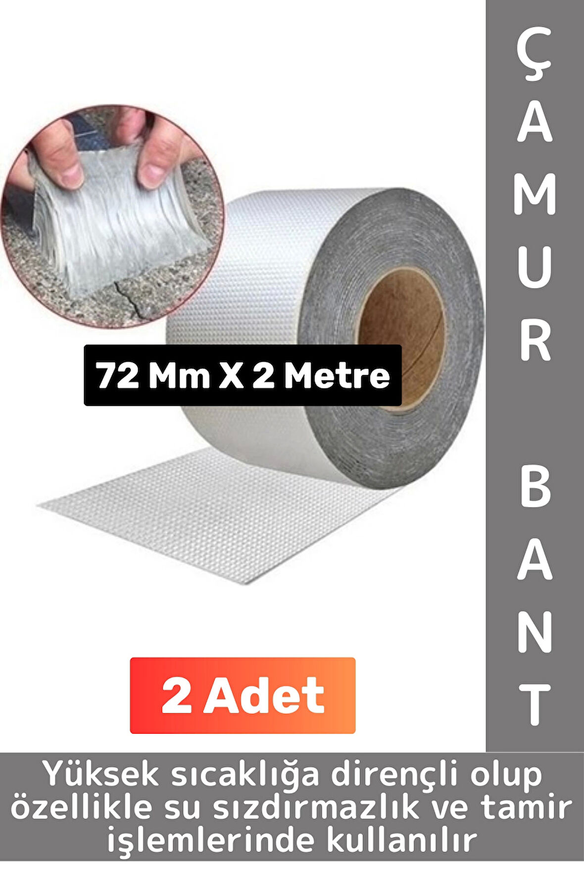 Ultra Güçlü Su Geçirmez Isıya Dayanıklı Alüminyum İzolasyon Tamirat 72 Mm X 2 Metre Çamur Bant 2 Adt