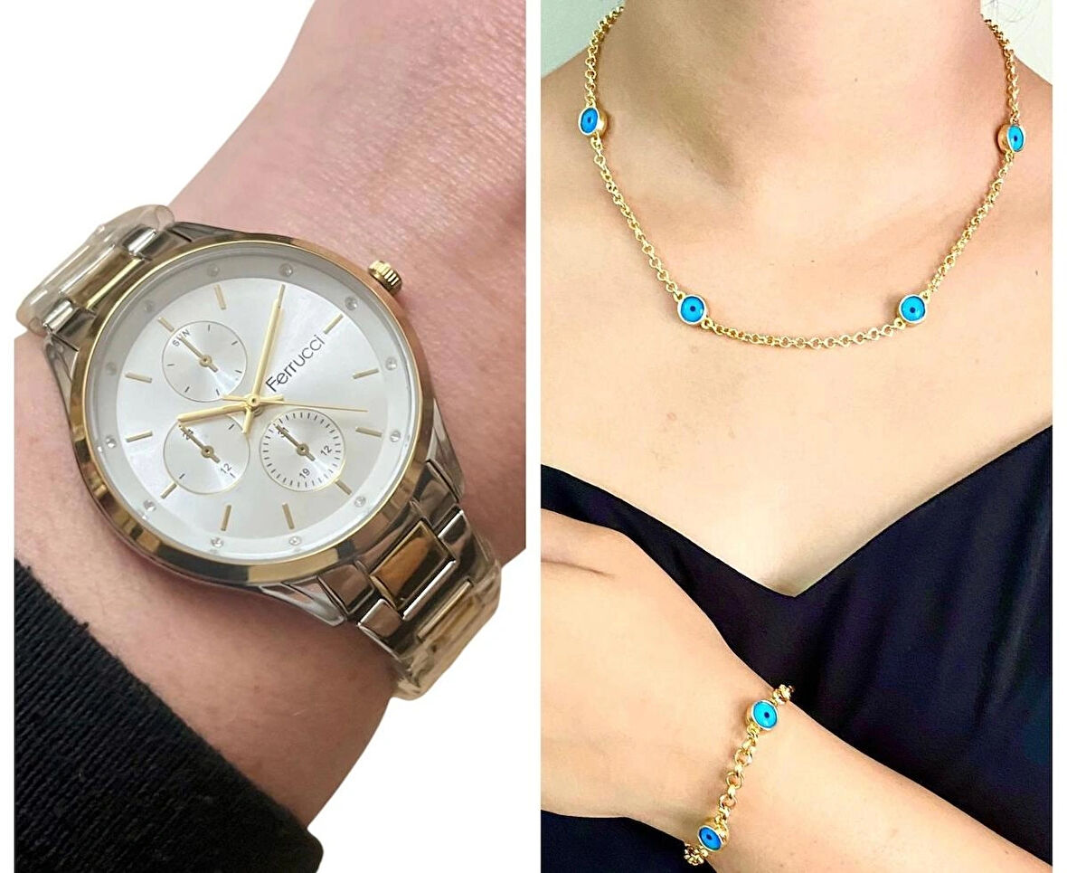 Ferrucci Silver&Gold Çelik Kordon Kadın Kol Saat+Nazarlıklı Set Hediye
