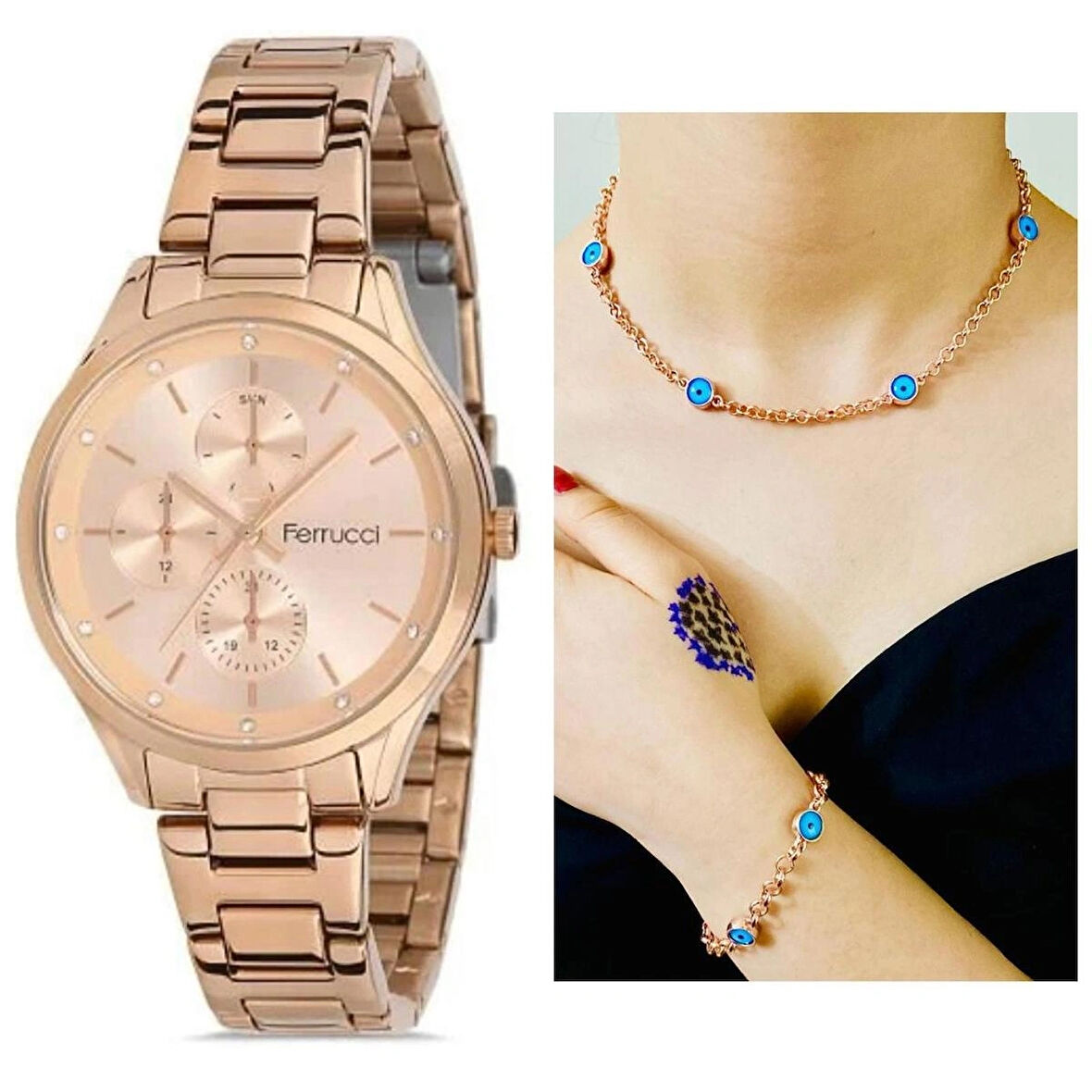 Ferrucci Rosegold Çelik Kadın Kol Saat+Nazarlıklı Set Hediyeli