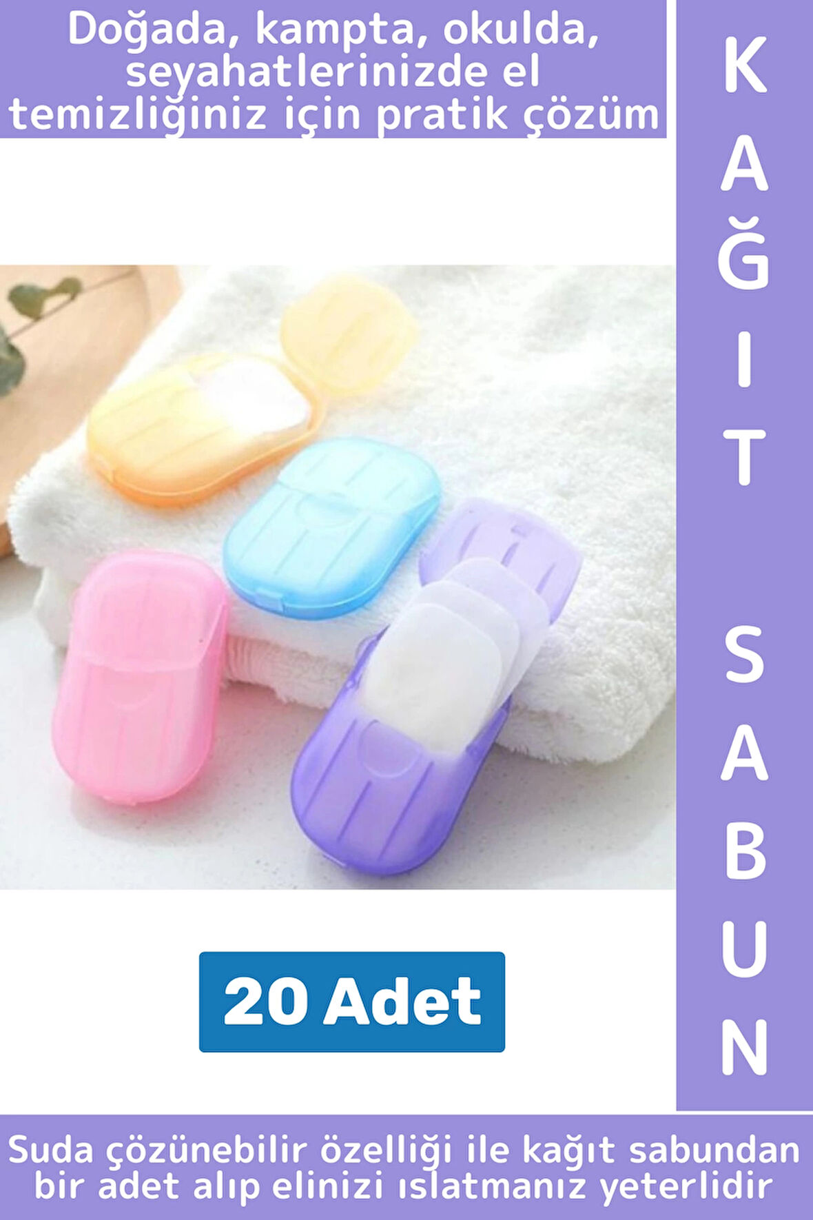 Seyahat Tipi Kamp Outdoor Okul Ofis Hafif Suda Kolay Çözünen Sabunluk Tasarımlı Kağıt Sabun 20 Adet