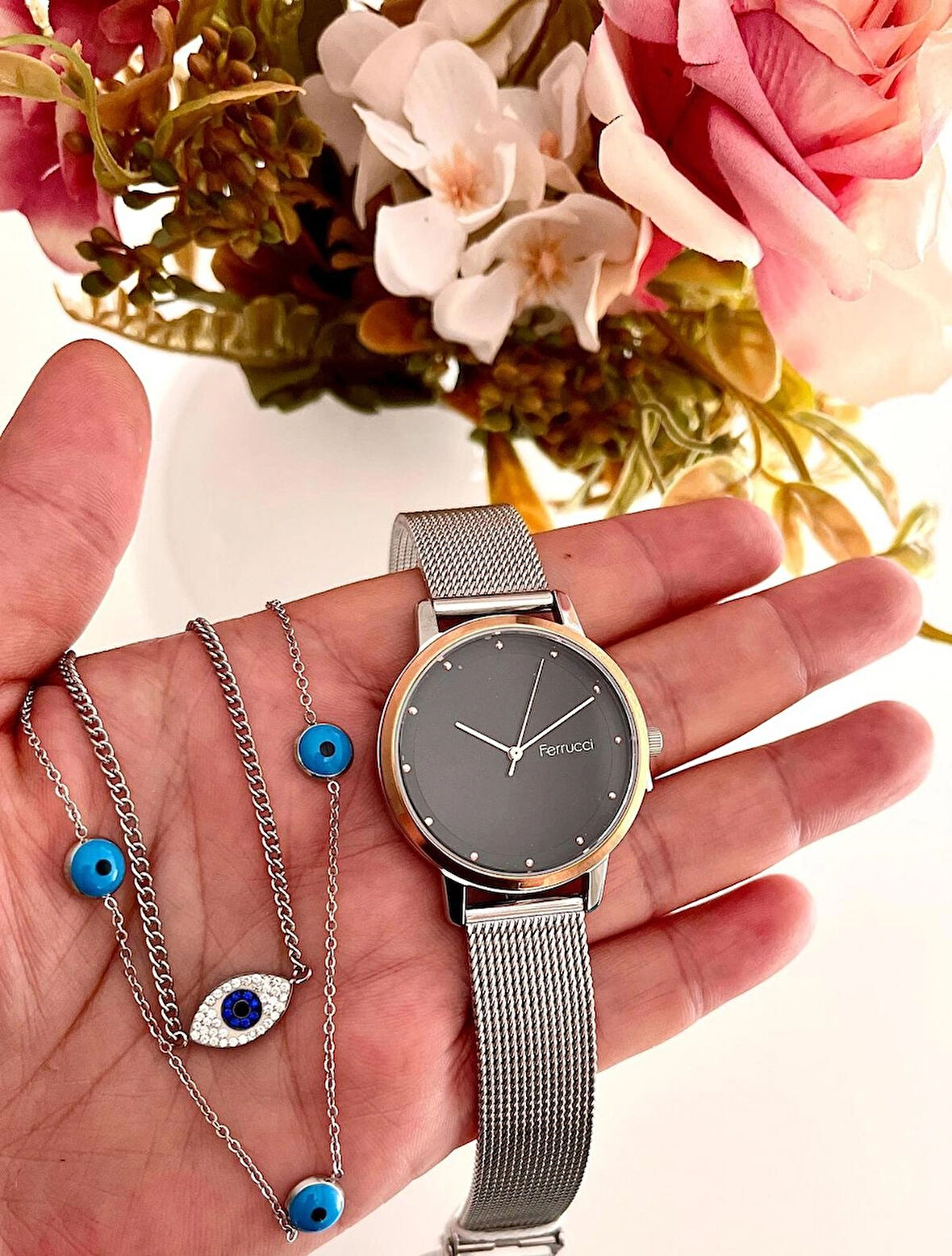 Ferrucci Ayarlanailir Hasır Kordon Çelik Kadın Kol Saati+%100 Çelik Kolye Hediyeli