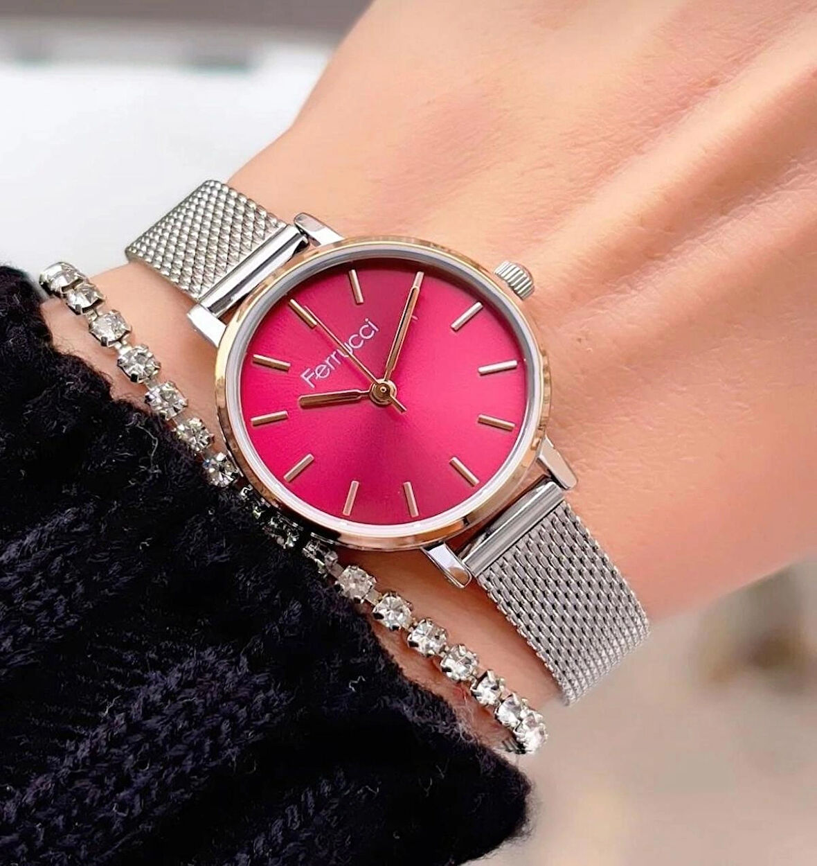 Ferrucci Hasır Ayarlanabilir Kordon Minimal Kasa Kadın Kol Saati+Bileklik