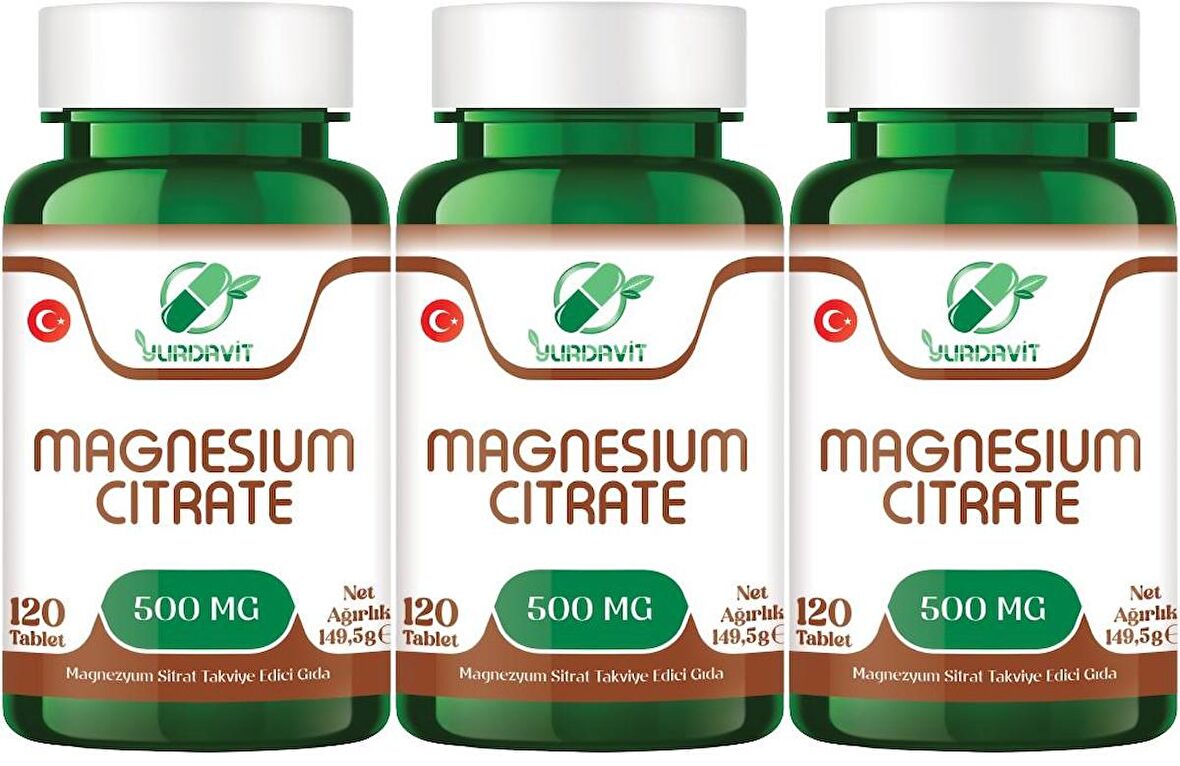 Yurdavit Magnesium Citrate 500 Mg Magnezyum Sitrat 3x120 Tablet 