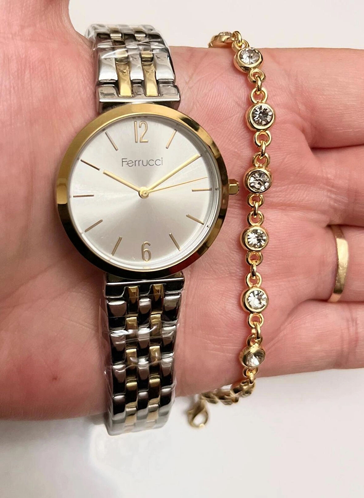 Ferrucci Silver&Gold Çelik Klasik Model Kadın Kol Saat+Bileklik Hediyeli