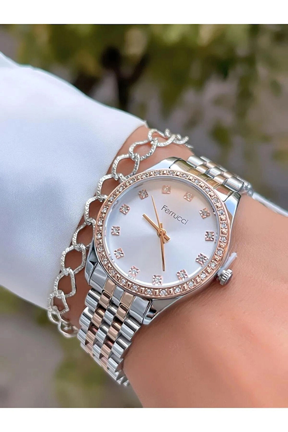 Ferrucci Gümüş&Rose Zirkon Taşlı Jübile Kordon Çelik Kadın Kol Saat+Bileklik