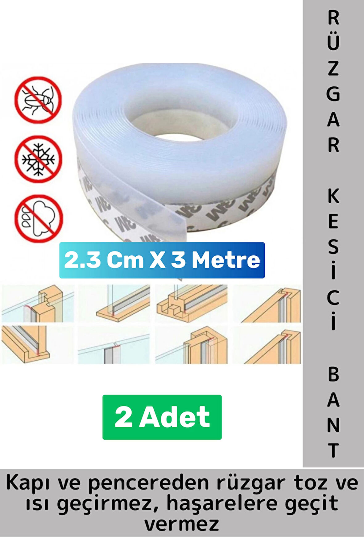 Premium Kapı Altı Pencere Rüzgar Toz Isı Böcek Haşere Önleyen Rüzgar Kesici Bant 3 Metre 2 Adet