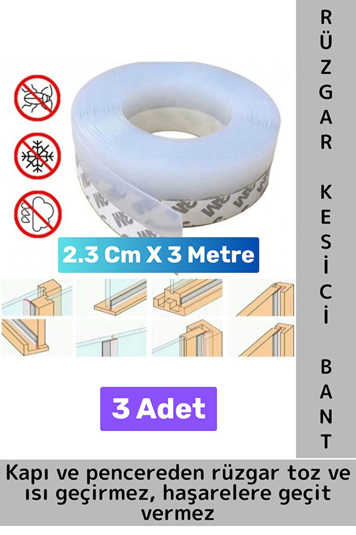 Premium Kapı Altı Pencere Rüzgar Toz Isı Böcek Haşere Önleyen Rüzgar Kesici Bant 3 Metre 3 Adet