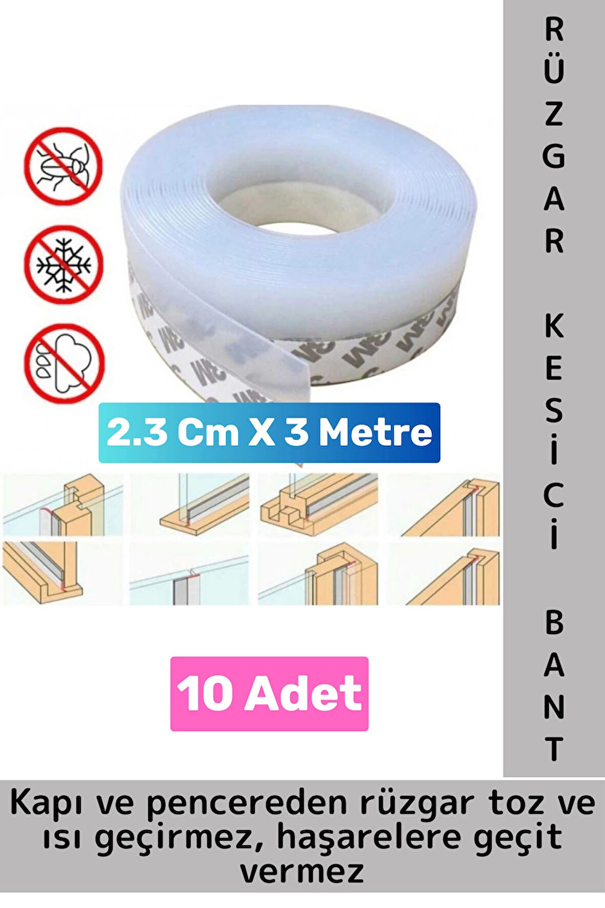 Premium Kapı Altı Pencere Rüzgar Toz Isı Böcek Haşere Önleyen Rüzgar Kesici Bant 3 Metre 10 Adet