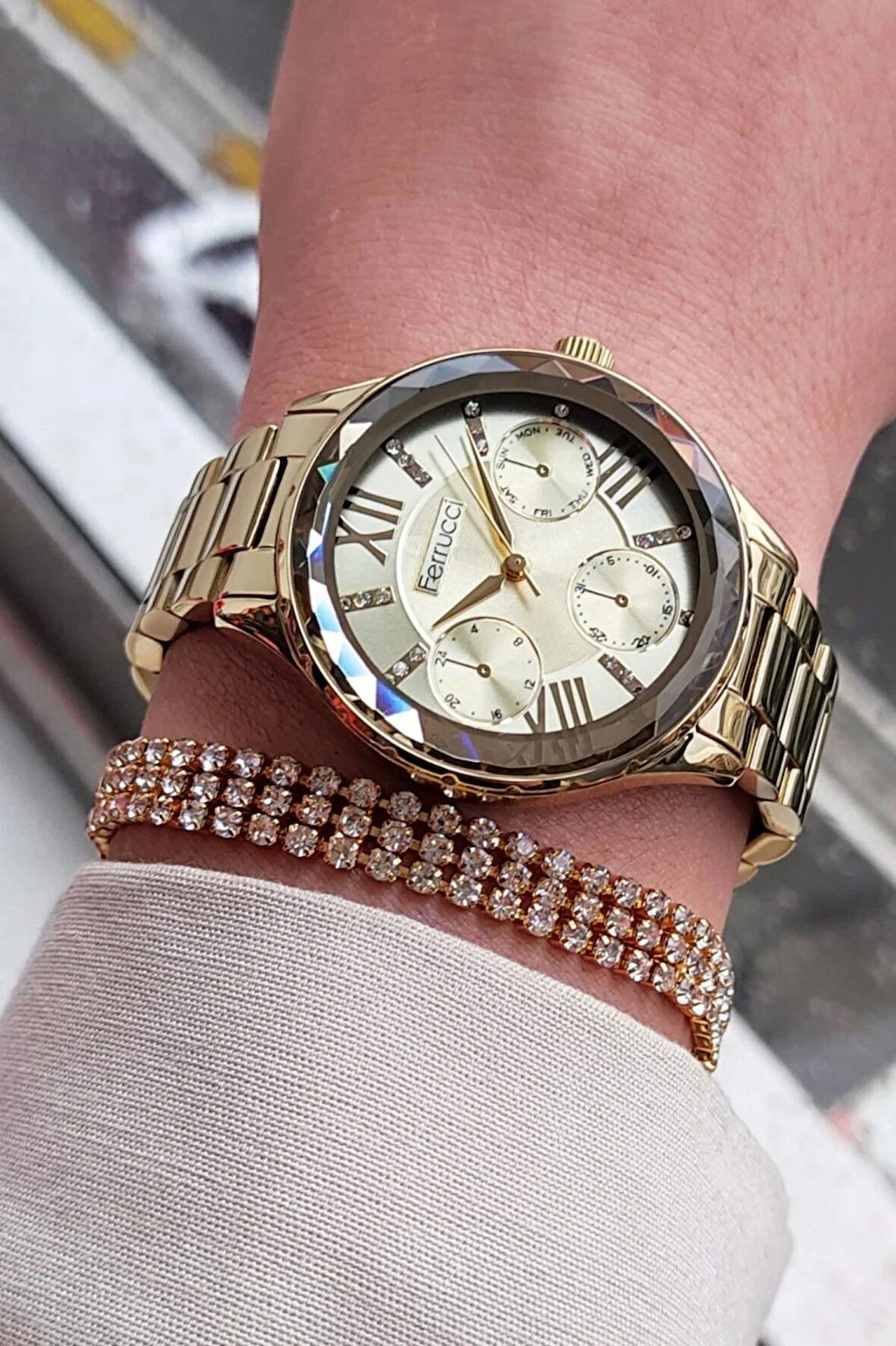 Ferrucci Taşlı Şık Model Çelik Kadın Kol Saat+Bileklik Hediye 