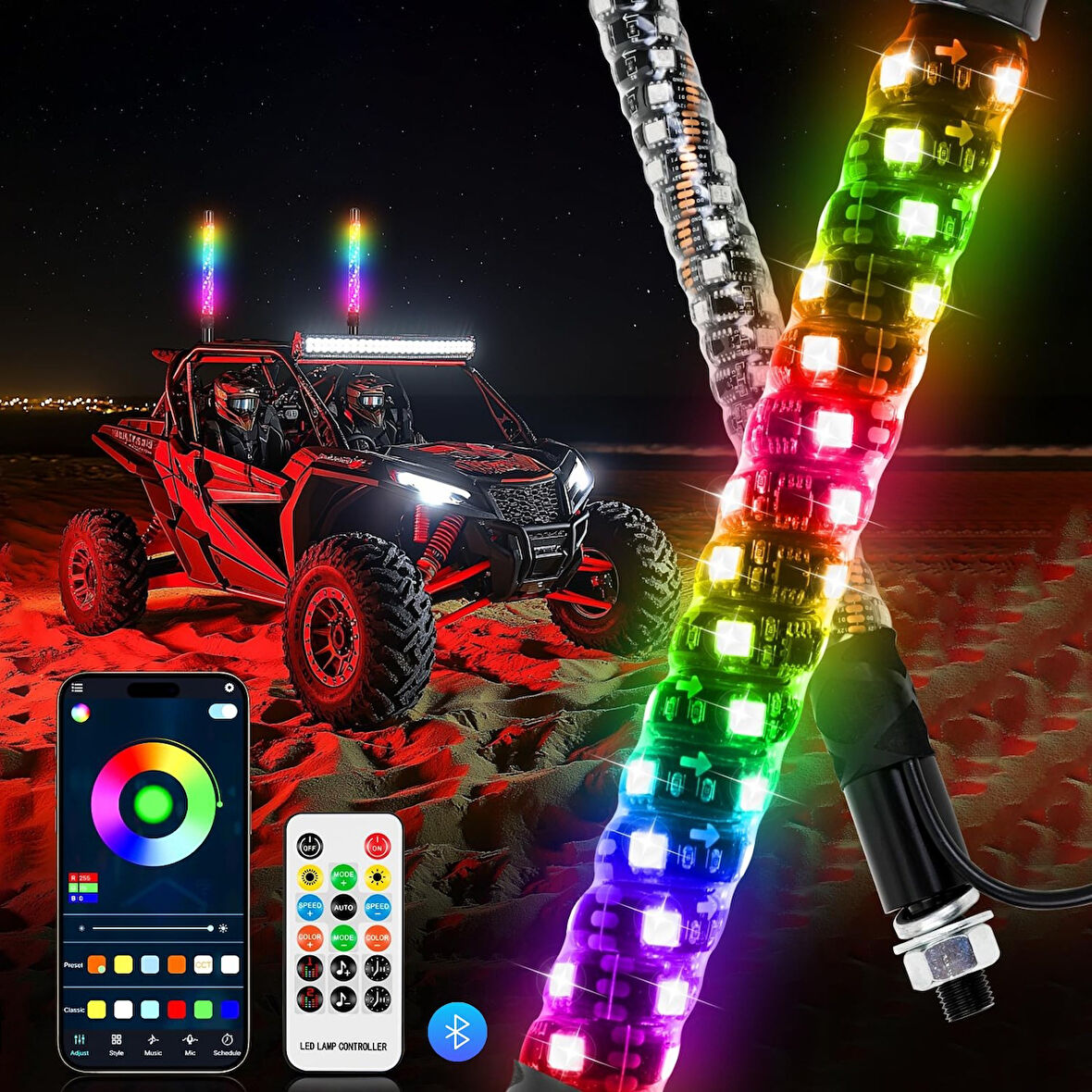 Rgb Led Işıklı Kırbaç Bayrak Anten Çubuğu 120cm Off‑road Atv Utv Uygulama Kumandalı Yüksek Parlaklık