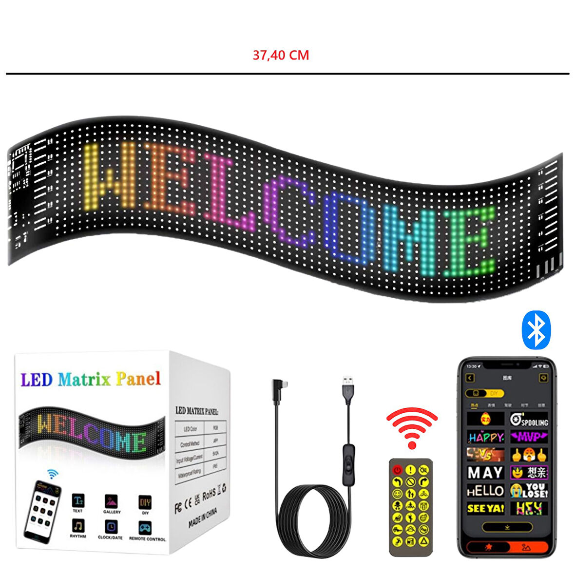 Rgb Led Matrix Panel Dijital Ekran  37X9 CM App Kontrollü Kumandalı 16x64 Led Animasyon Kayan Ekran