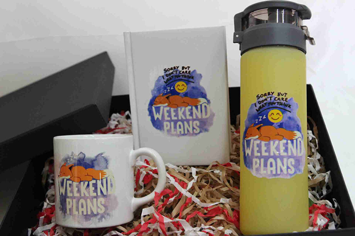 Weekend Plans Temalı Hediye Seti - Termos, Defter ve Kupa Bardak Hediye Kutusu