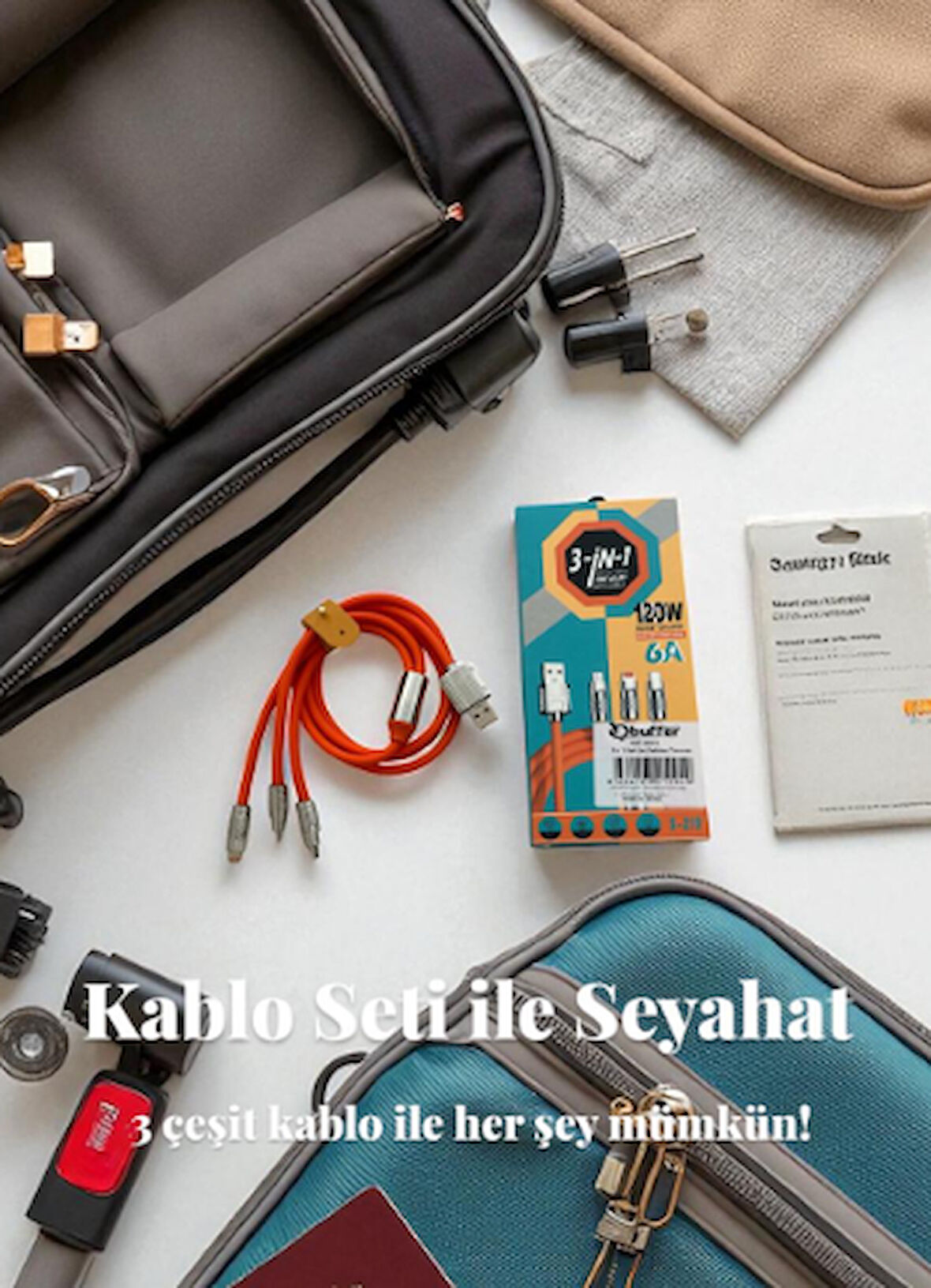 Buffer 3 in 1 Hızlı Şarj Kablosu Silikon Kablo 1 Metre Turuncu