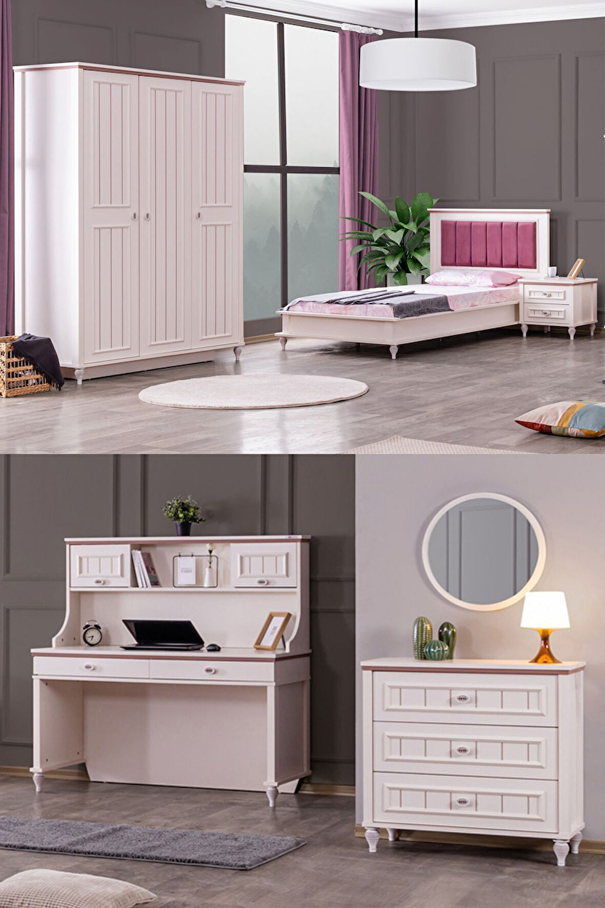 Ezgi Lüx Genç Odası - 3 Kapılı Dolap, Karyola, Komodin, Masa, Şifonyer