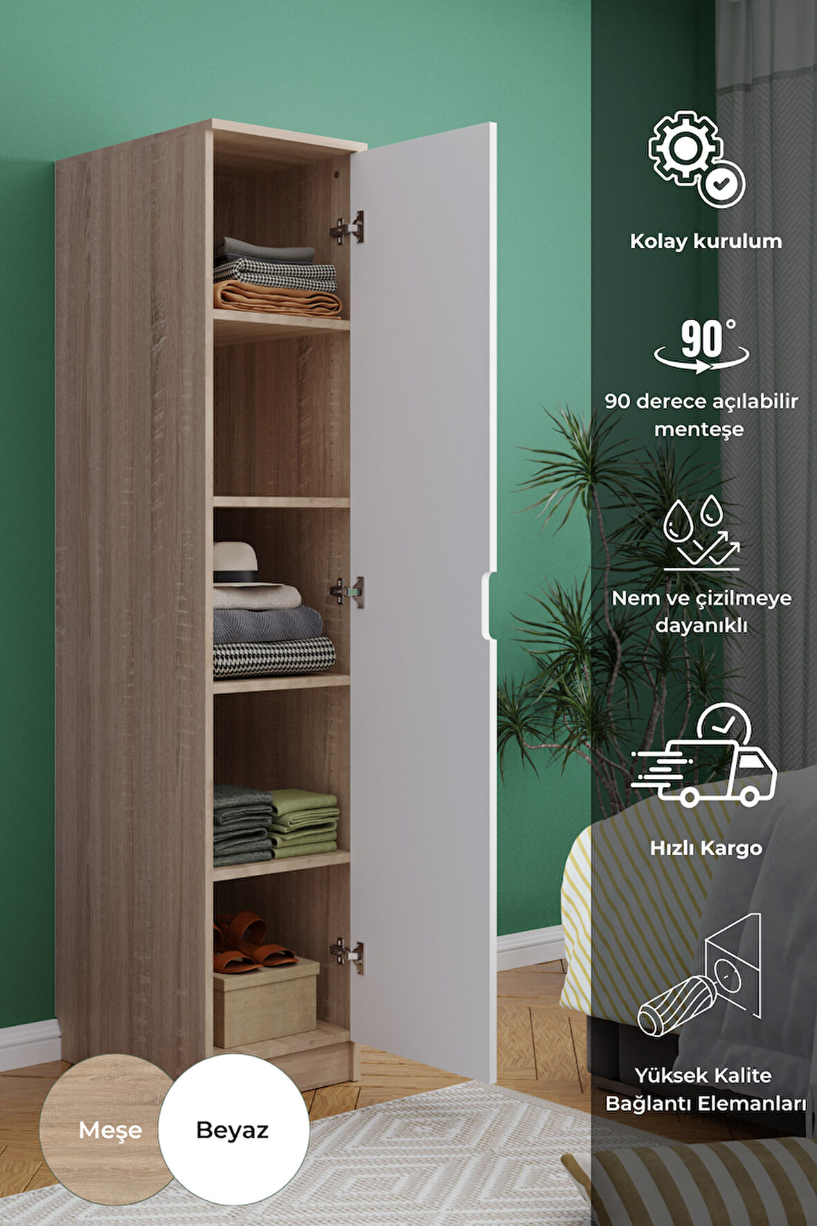 Lento 1 Kapaklı 5 Raflı Gardırop Beyaz Meşe