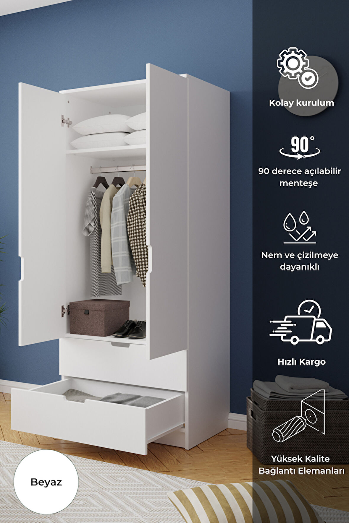 Lento 2 Kapaklı 1 Askılı 2 Çekmeceli Gardırop Beyaz