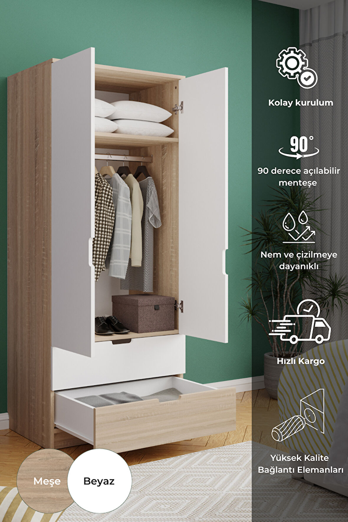 Lento 2 Kapaklı 1 Askılı 2 Çekmeceli Gardırop Beyaz Meşe