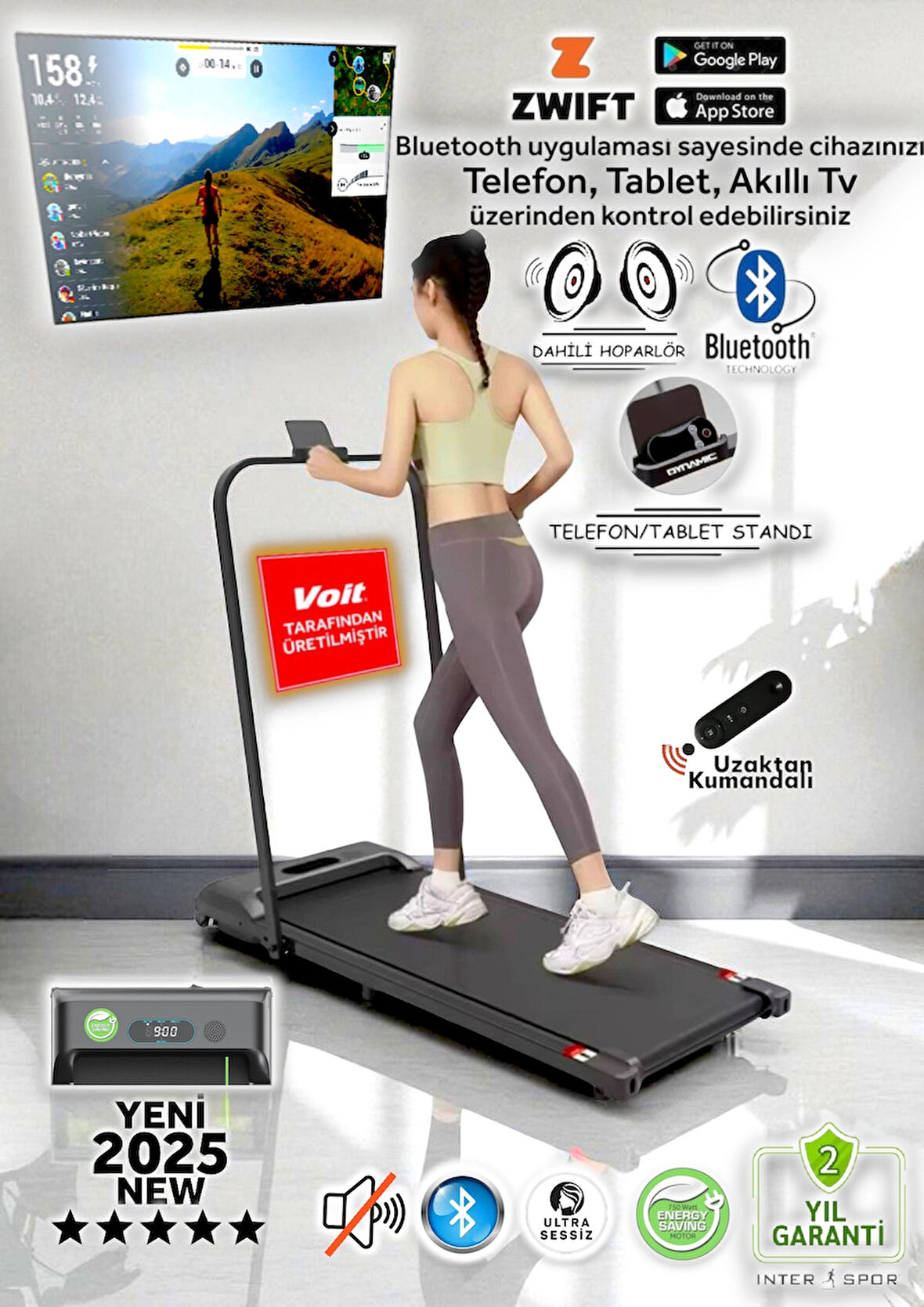 Dynamic Walkfitpad T500 Hb Tutma Kollu Bluetooth'lu Hoparlörlü Uygulama Destekli Enerji Tasarruflu Uzaktan Kumandalı Koşu Bandı