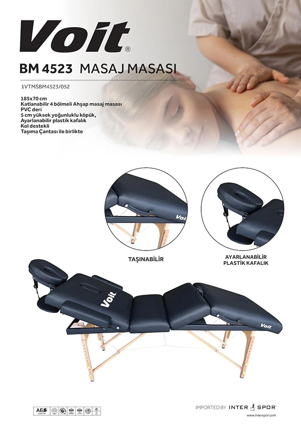 Voit BM 4523 Katlanabilir 4 Bölmeli Masaj Masası | Ahşap Gövde | 5cm Yüksek Yoğunluklu Köpük | Taşıma Çantalı