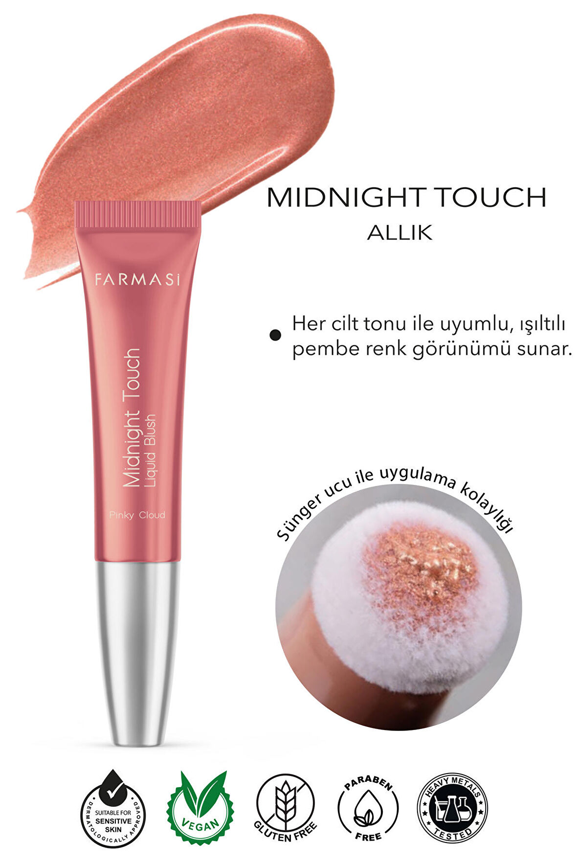 Farmasi Midnight Touch  Yumuşak Sünger Uçlu Likit Allık Pinky Cloud 12 ml