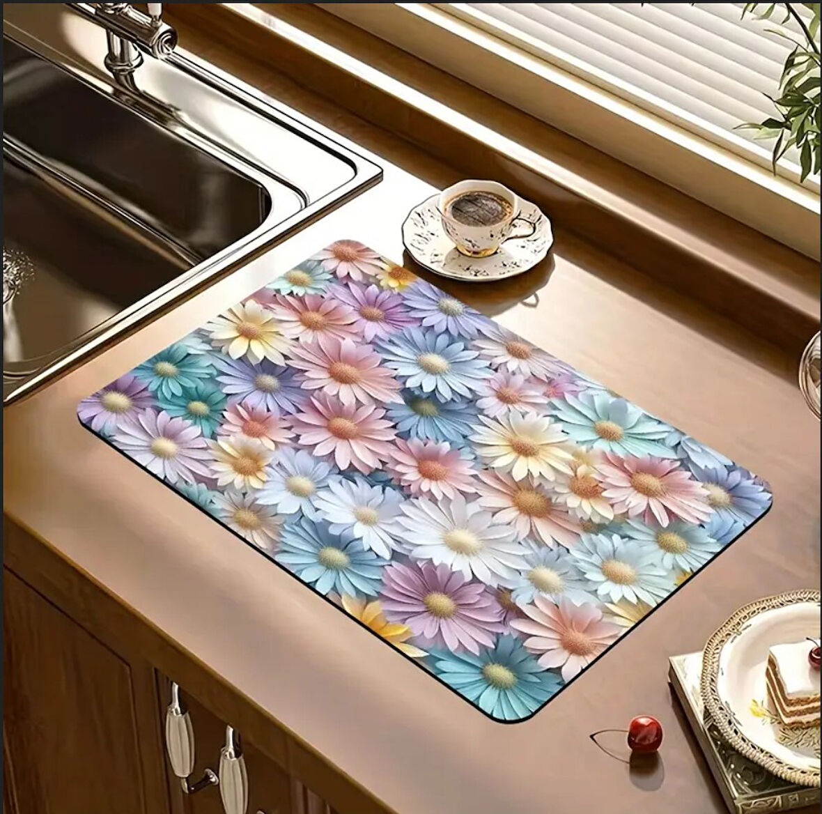 55 CM x 45 CM RENKLİ PAPATYALAR TASARIMI TEZGAH ÜSTÜ BULAŞIK KURUTMA MATI BULAŞIKLIK KURUTMA ÖRTÜSÜ