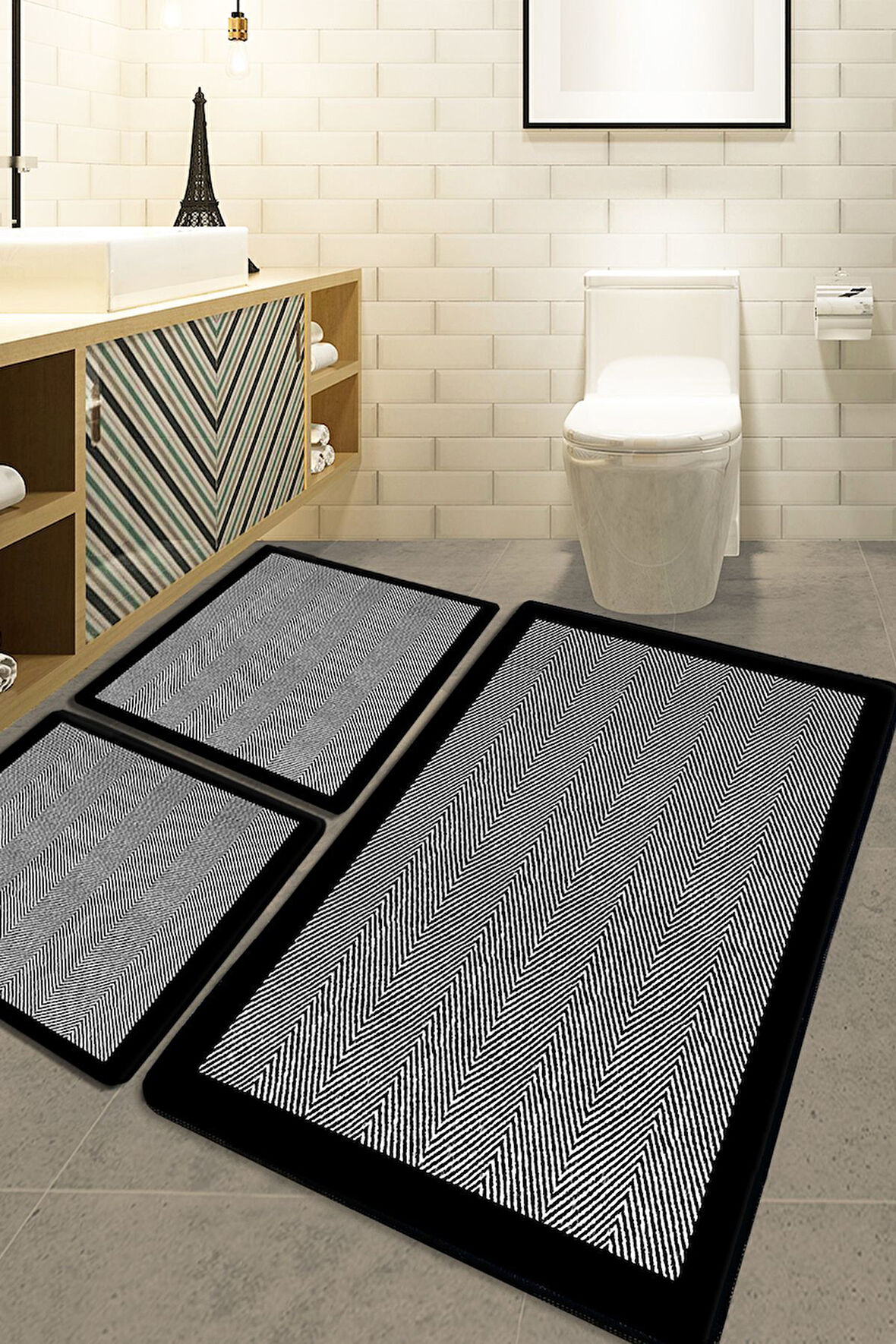 3’lü Banyo Paspas Takımı Kaymaz Tabanlı Yıkanabilir Siyah B1255
