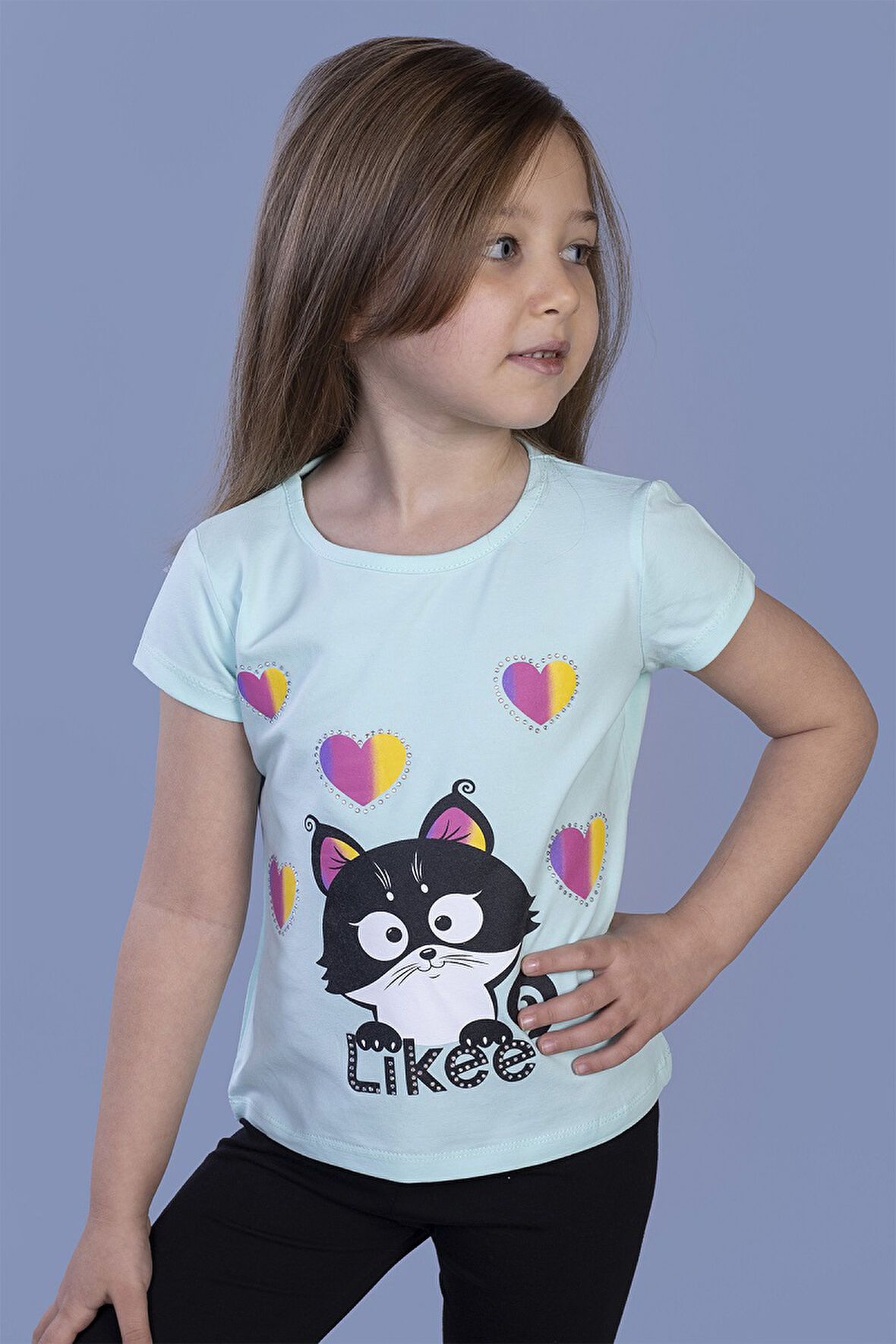 Toontoy Kız Çocuk Likee Kedi Baskılı Tişört