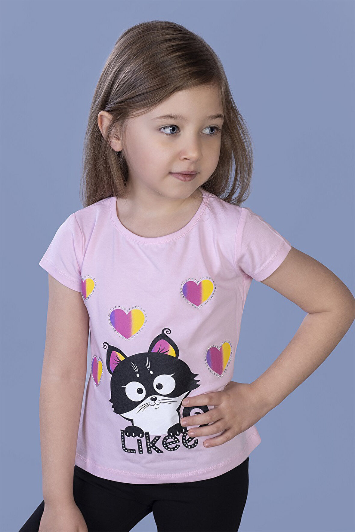 Toontoy Kız Çocuk Likee Kedi Baskılı Tişört