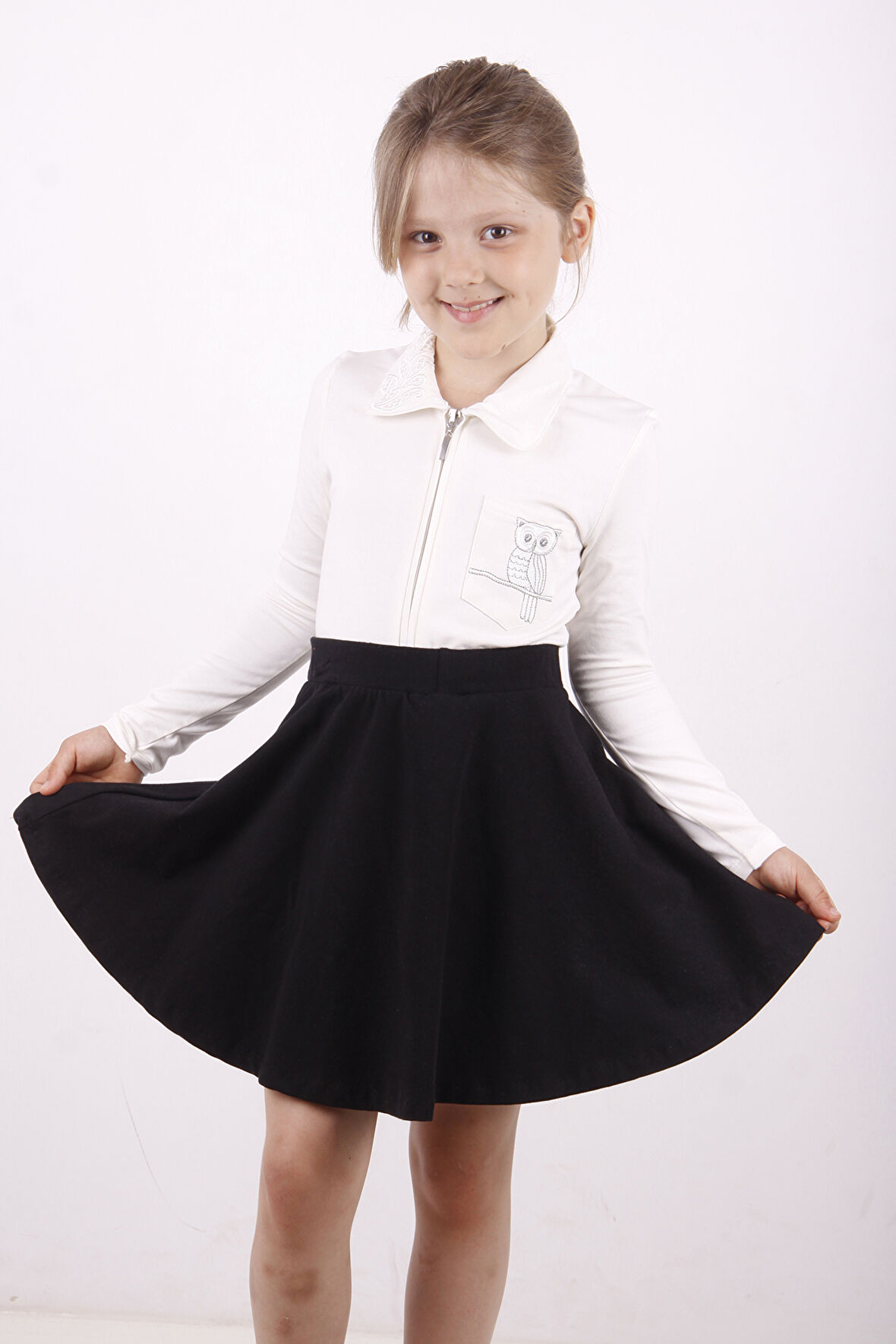 Toontoy Kız Çocuk Cep Üstü Baykuş Nakışlı Fermuarlı Tişört