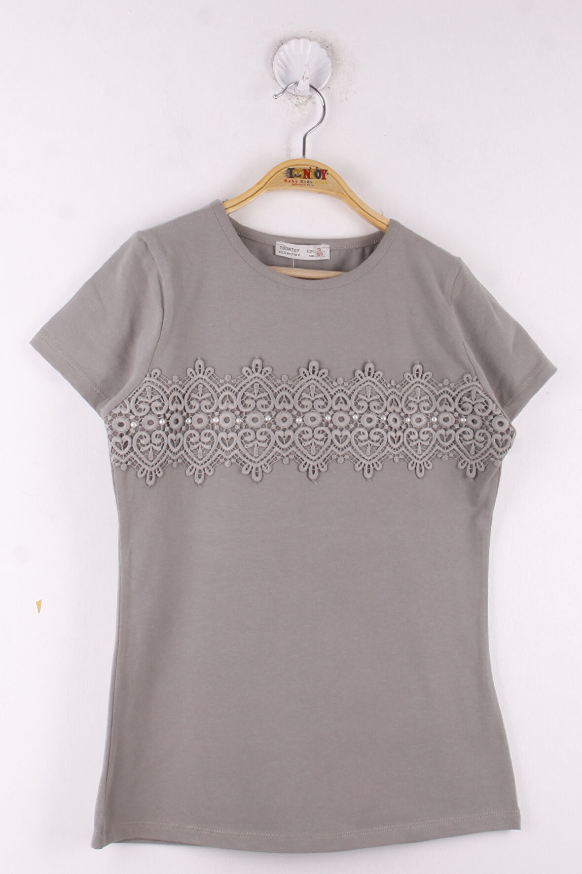 Toontoy Kız Çocuk Önü Dantelli İnci Detaylı Okul Tişört