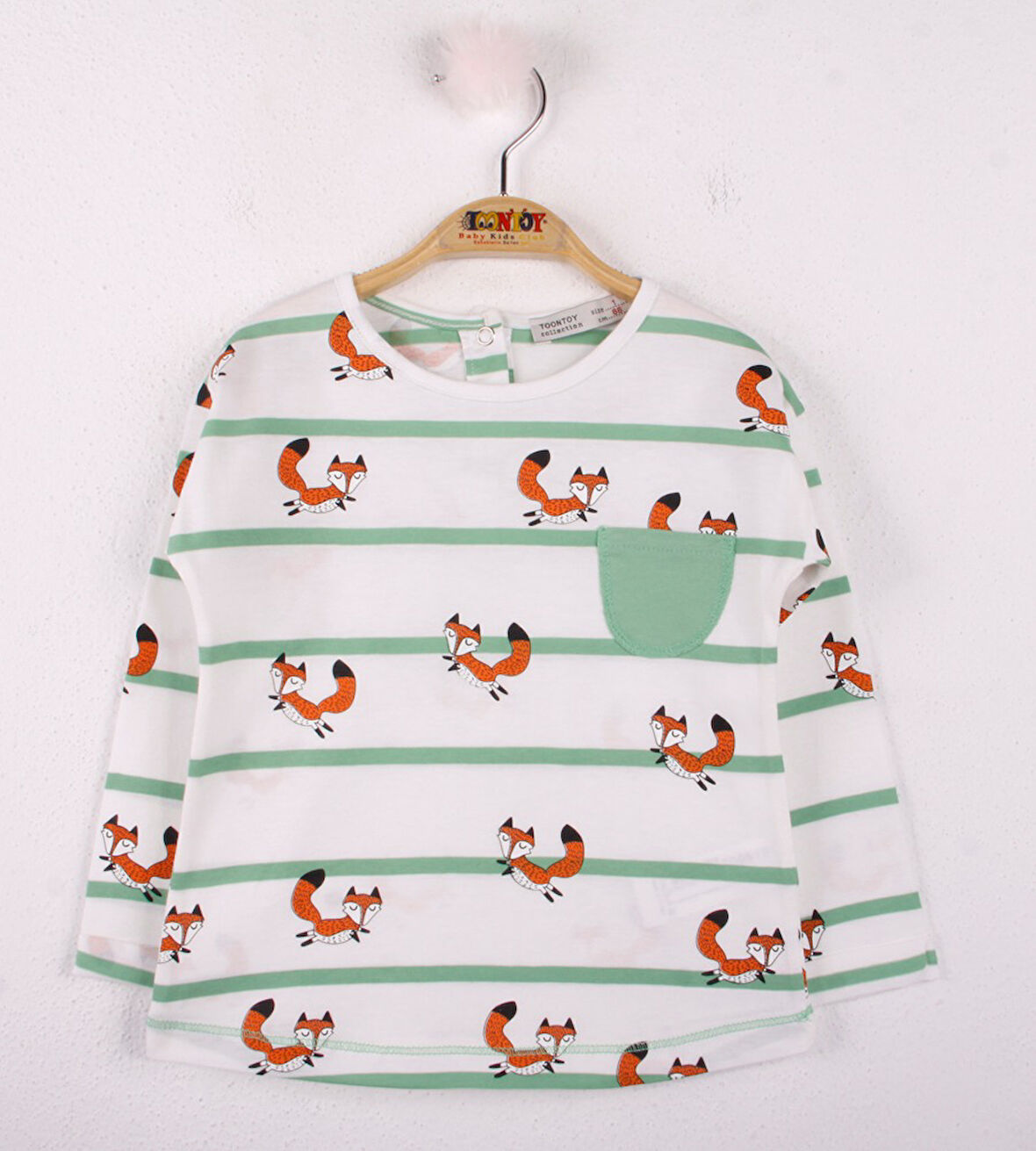 Toontoy Kız Bebek T-Shirt Çizgili Cepli Tilki Baskı