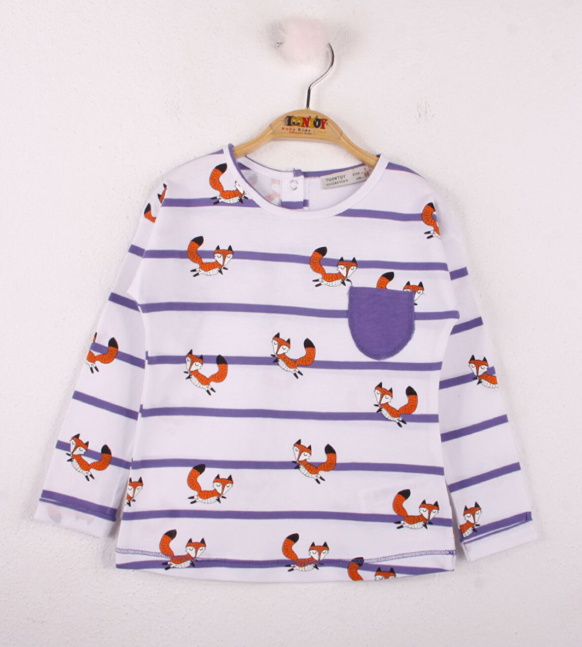 Toontoy Kız Bebek T-Shirt Çizgili Cepli Tilki Baskı
