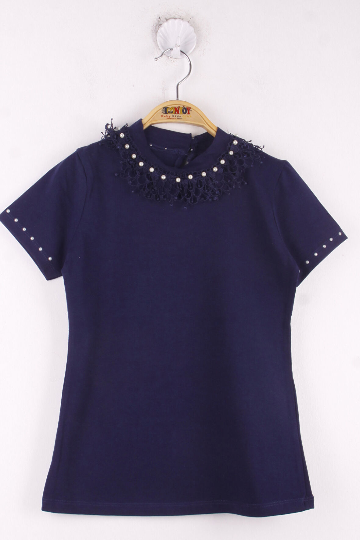 Toontoy Kız Çocuk Yaka Dantelli İnci Detaylı Okul Tişört