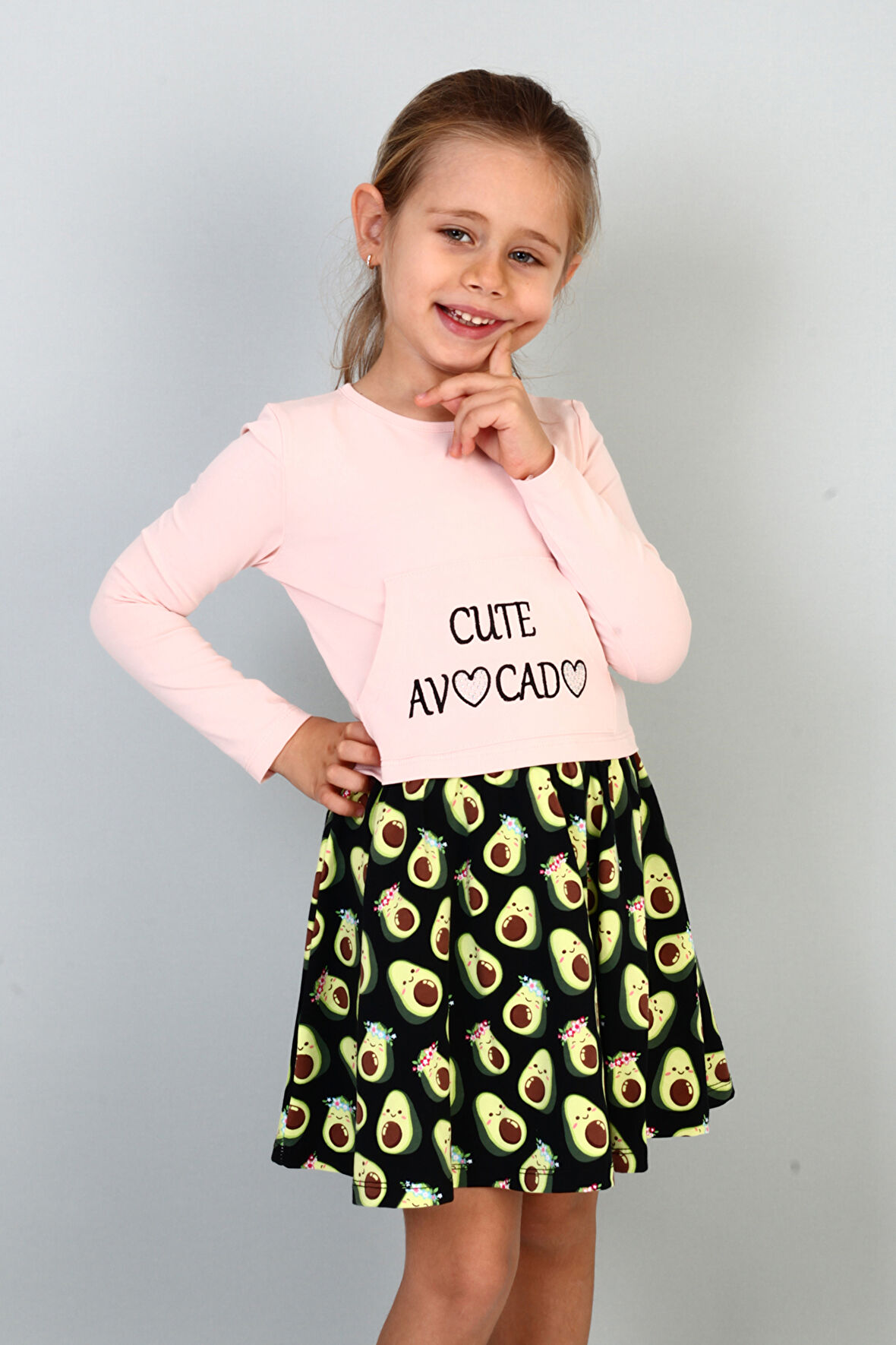 Toontoy Kız Çocuk Cute Avocado Naskışlı Eteği Desenli Elbise