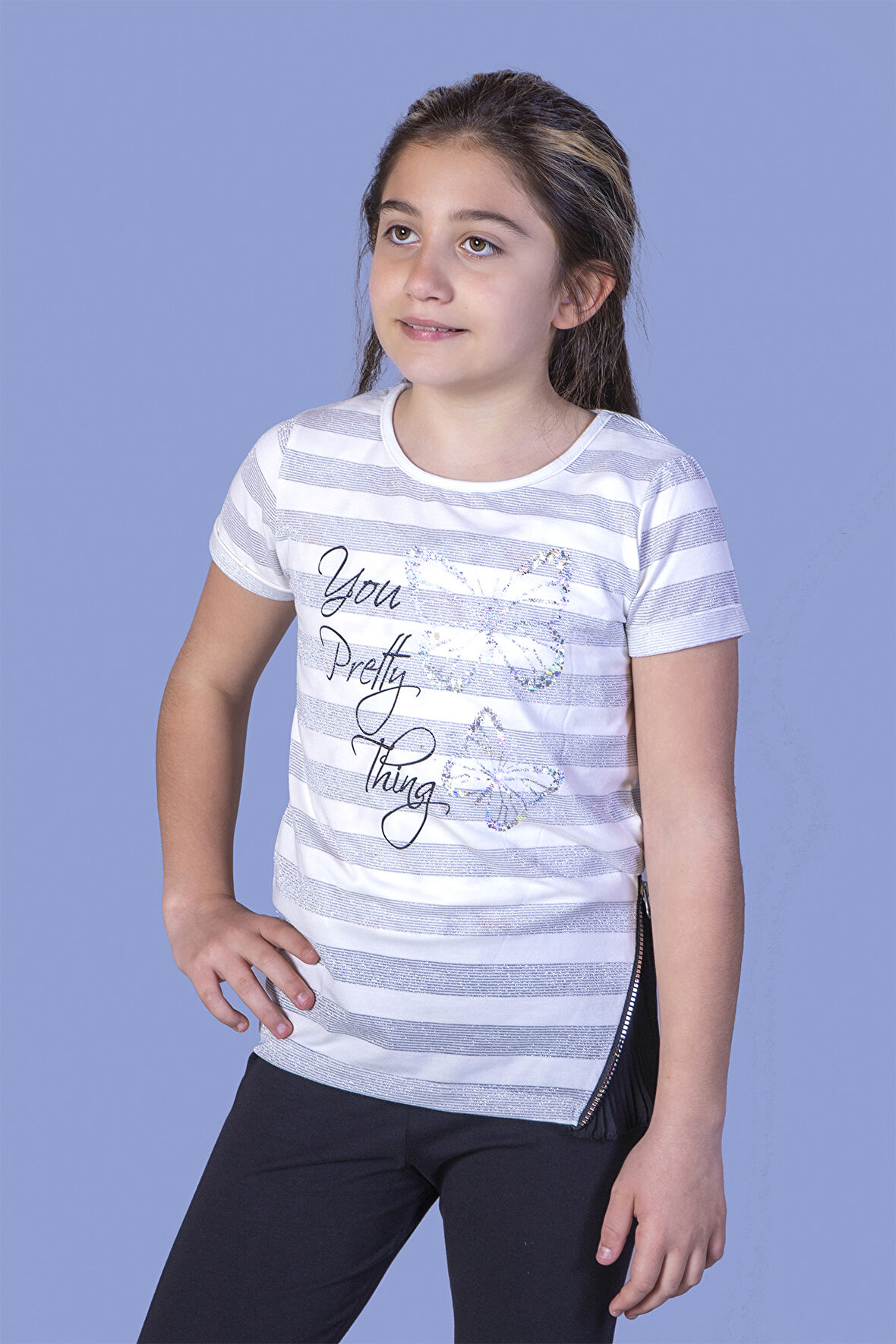 Toontoy Kız Çocuk Çizgili Kelebek Baskılı Tişört