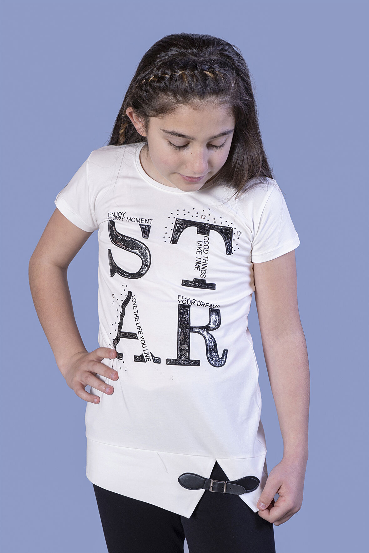 Toontoy Kız Çocuk Star Baskılı Kemer Detaylı Tişört