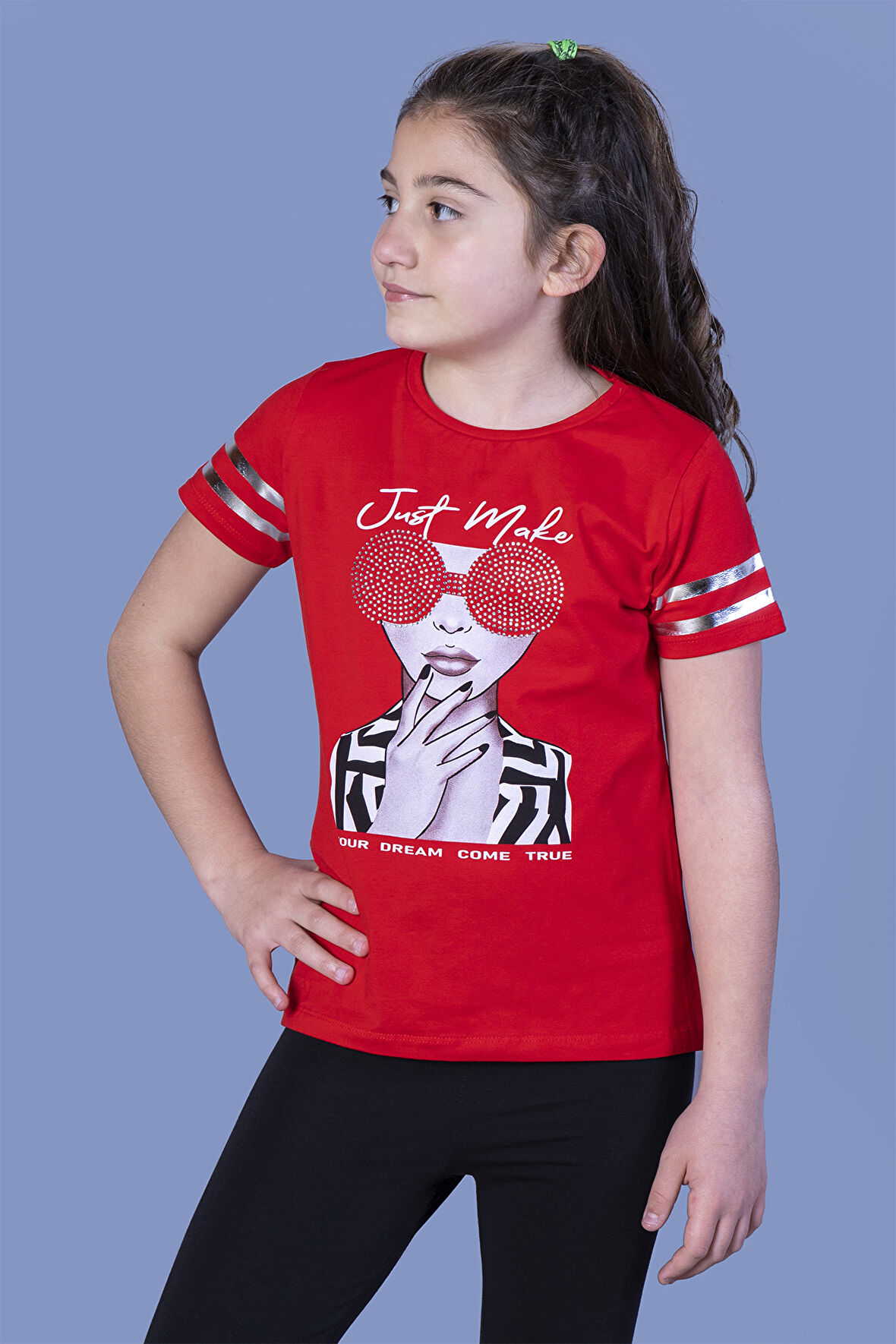 Toontoy Kız Çocuk Baskılı Taş İşlemeli Arkası Tül Detaylı Tişört